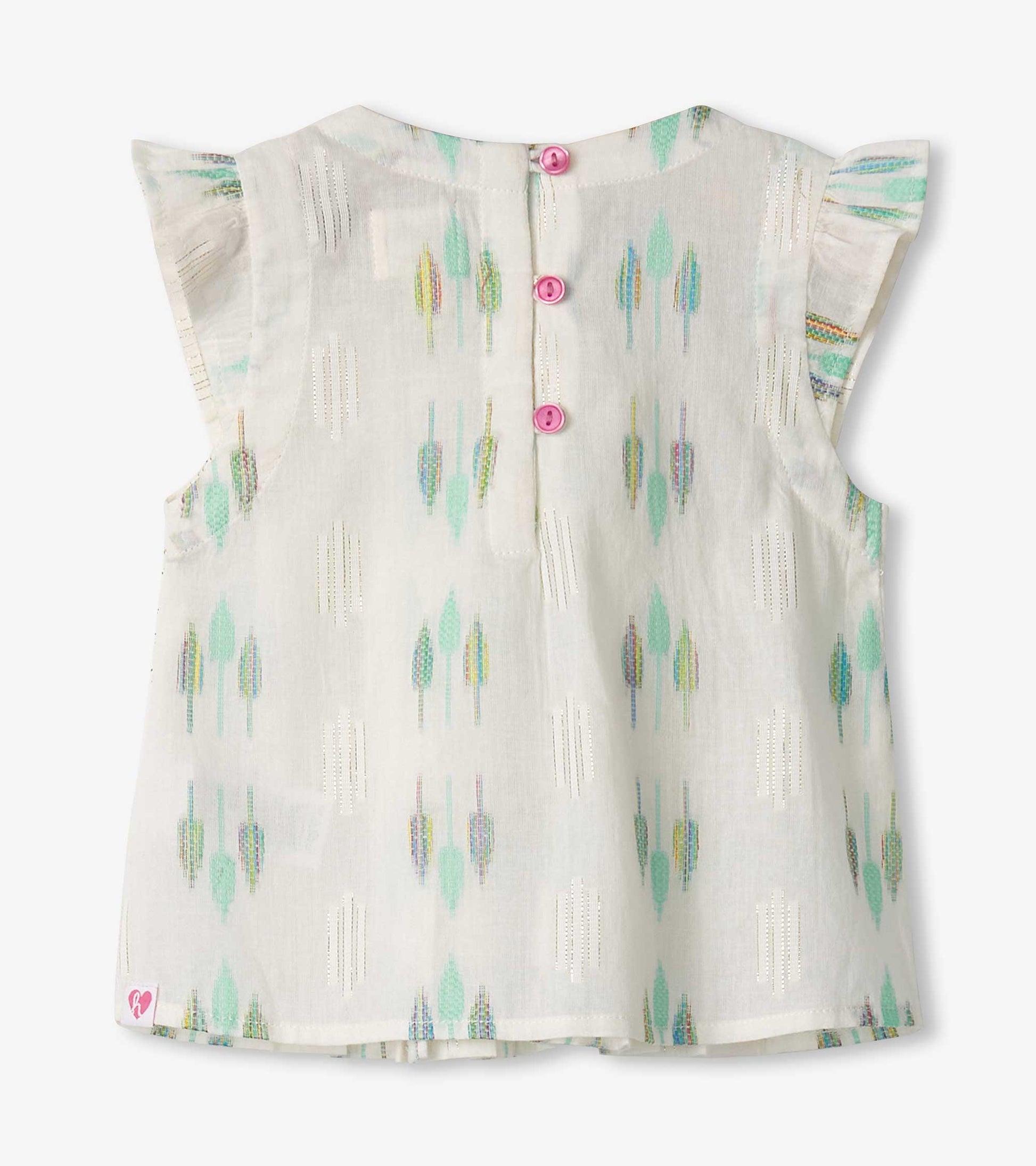 White top with blue and green feather pattern, ruffled sleeves, and pink button closure at the back.