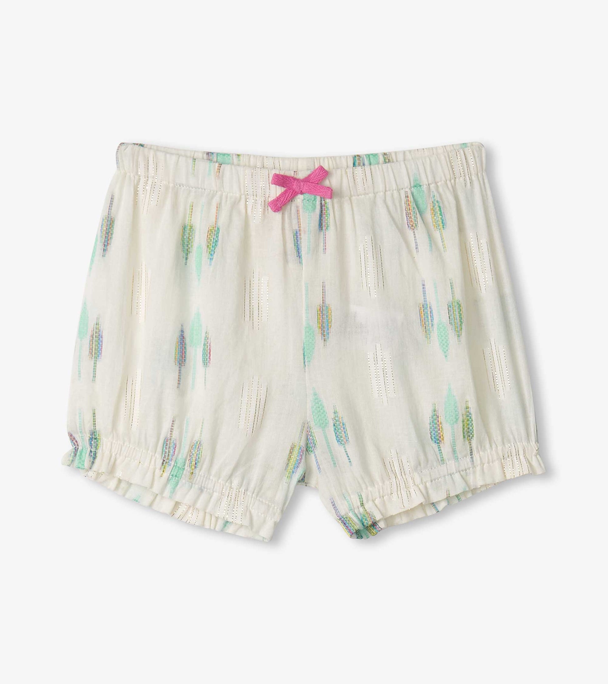 Blue feather-patterned bloomer shorts with a pink bow, featuring an elastic waistband and gathered hems.