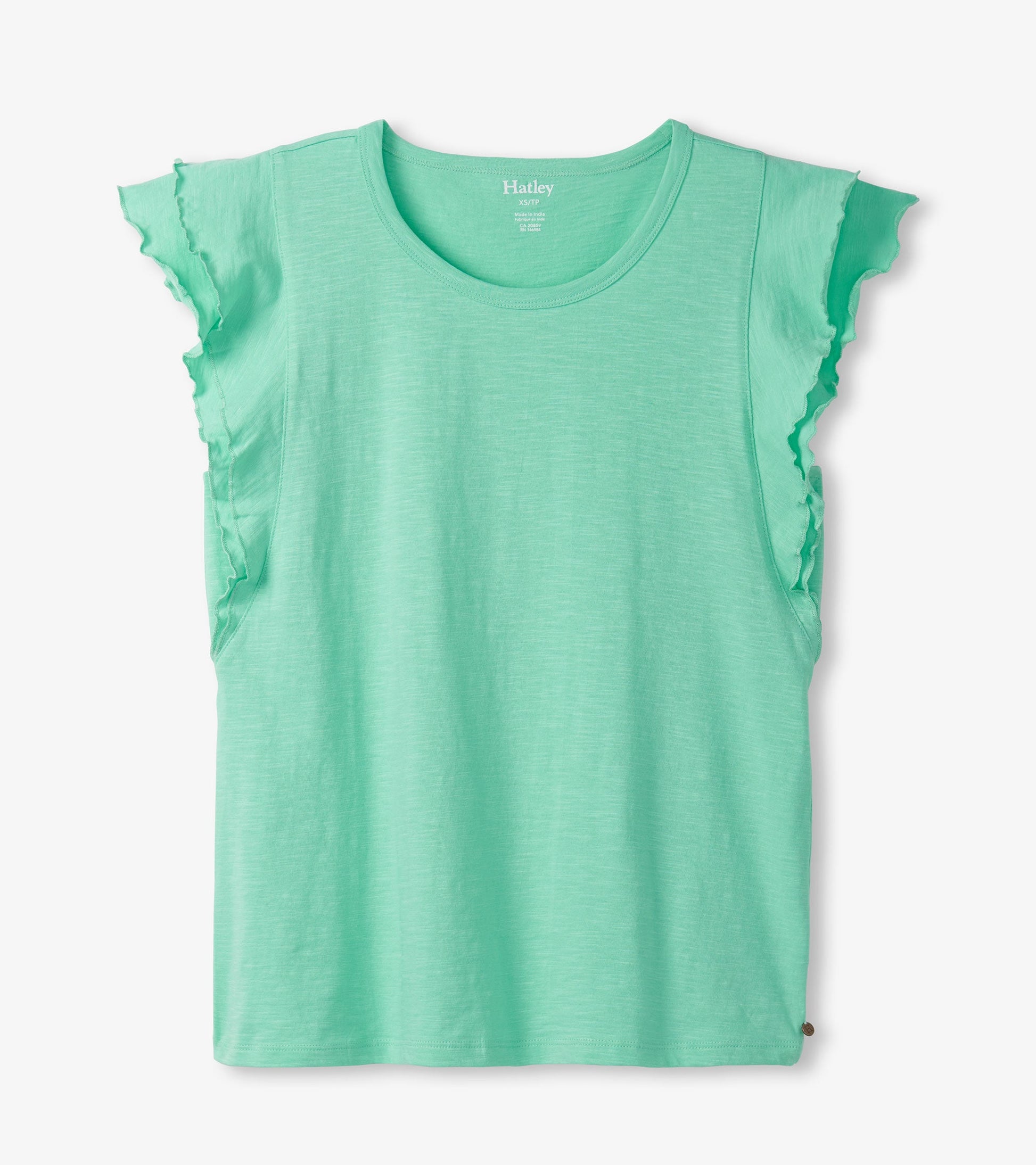 Turquoise tank top with layered ruffle sleeves and a round neckline, made from lightweight fabric.