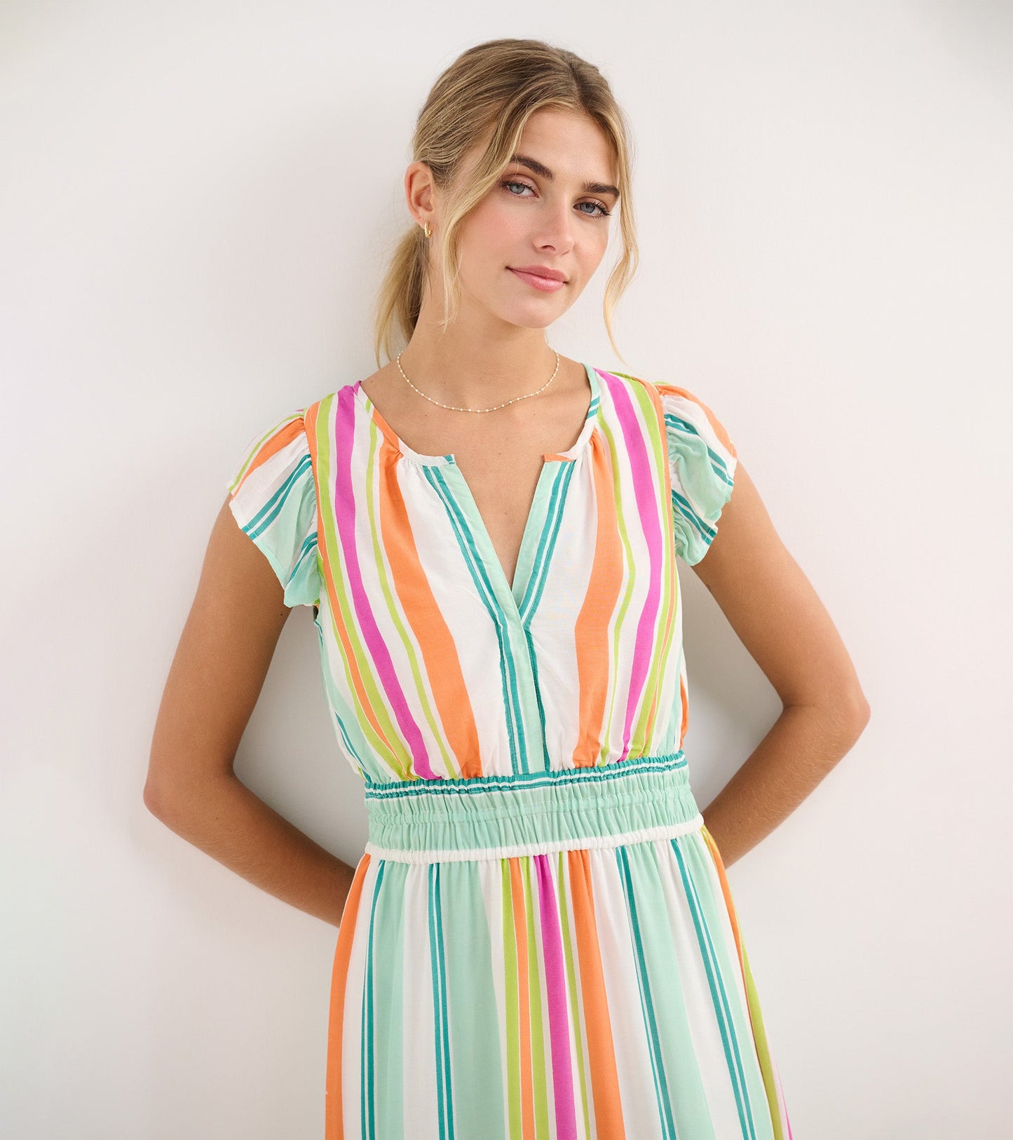 Lightweight midi dress featuring sea glass stripes in green, pink, orange, and white with a smocked waist and short sleeves.