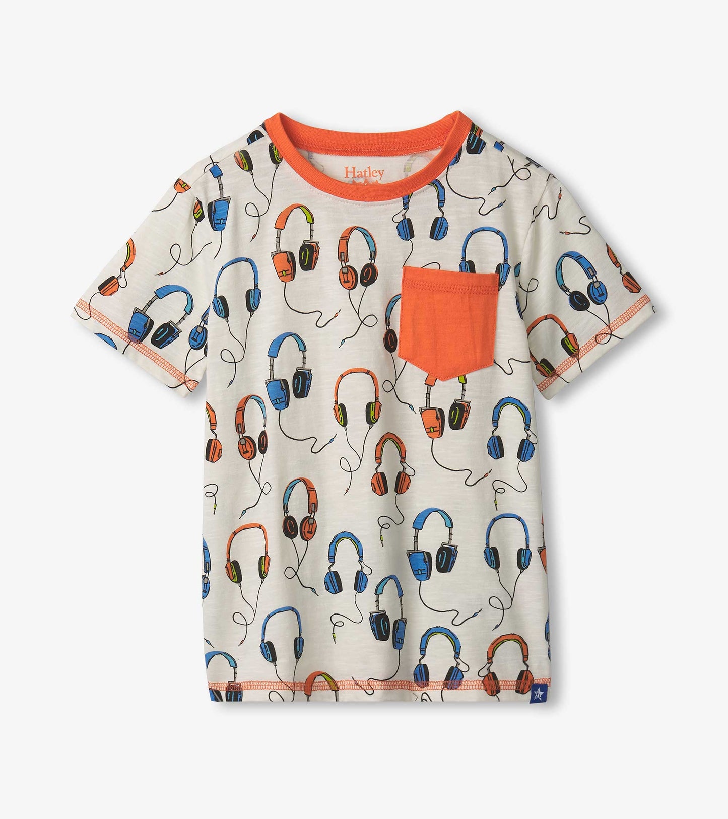 Short-sleeve t-shirt featuring a colorful headphone pattern with an orange pocket and trim on a light background.