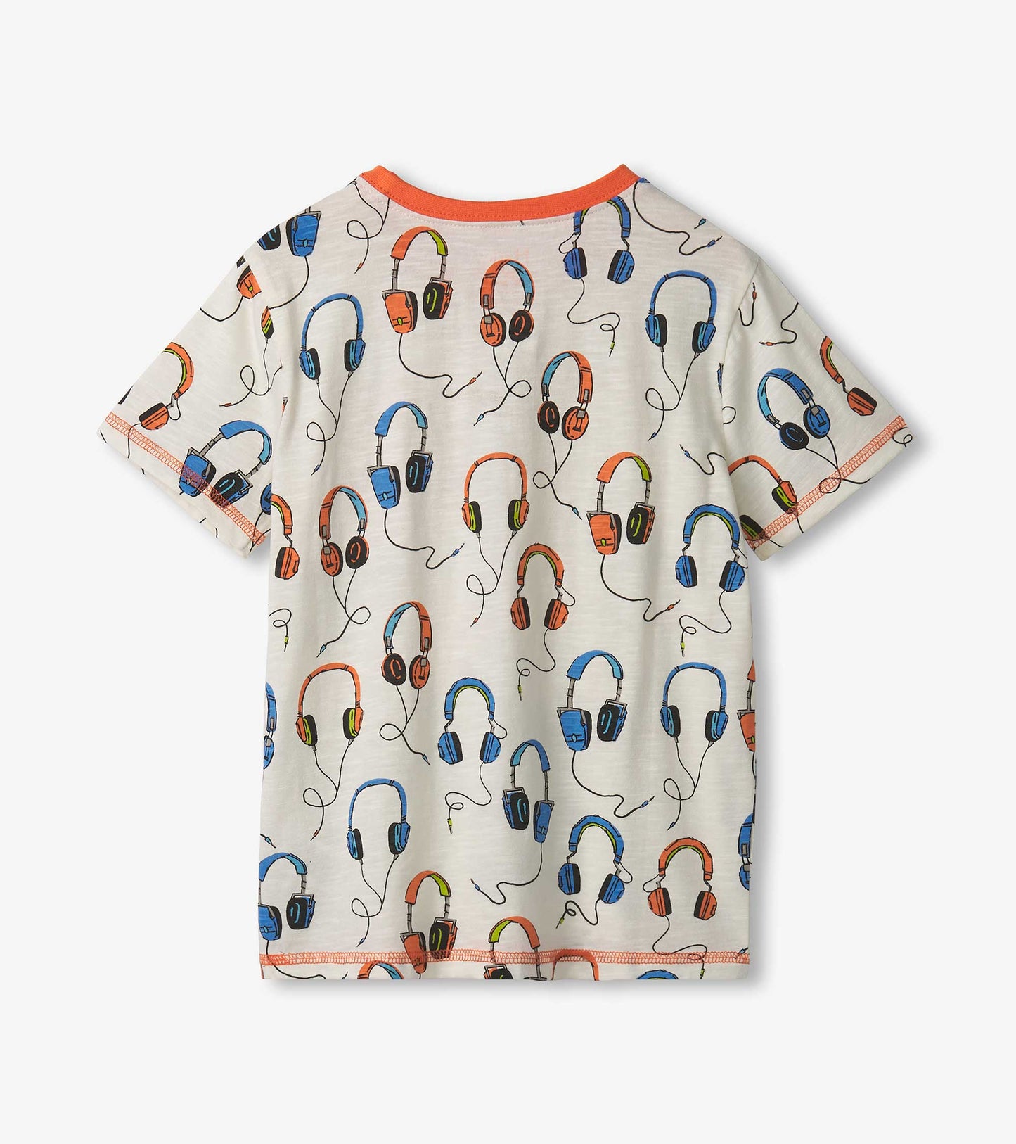 Short-sleeve t-shirt featuring a playful headphone print on a light background with an orange neckline and sleeve trim.