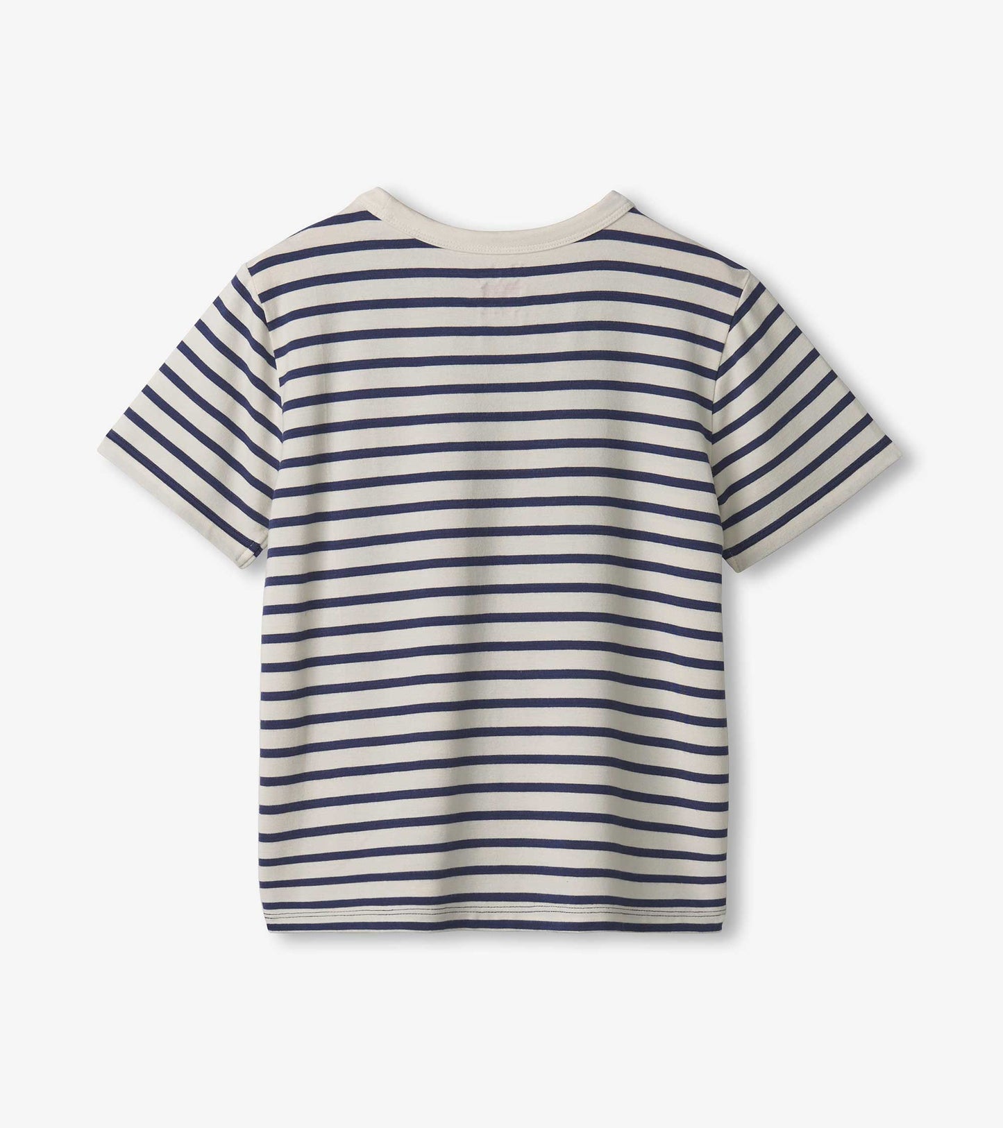Boys' short-sleeve tee in cream with navy horizontal stripes, featuring a round neckline and soft bamboo fabric.