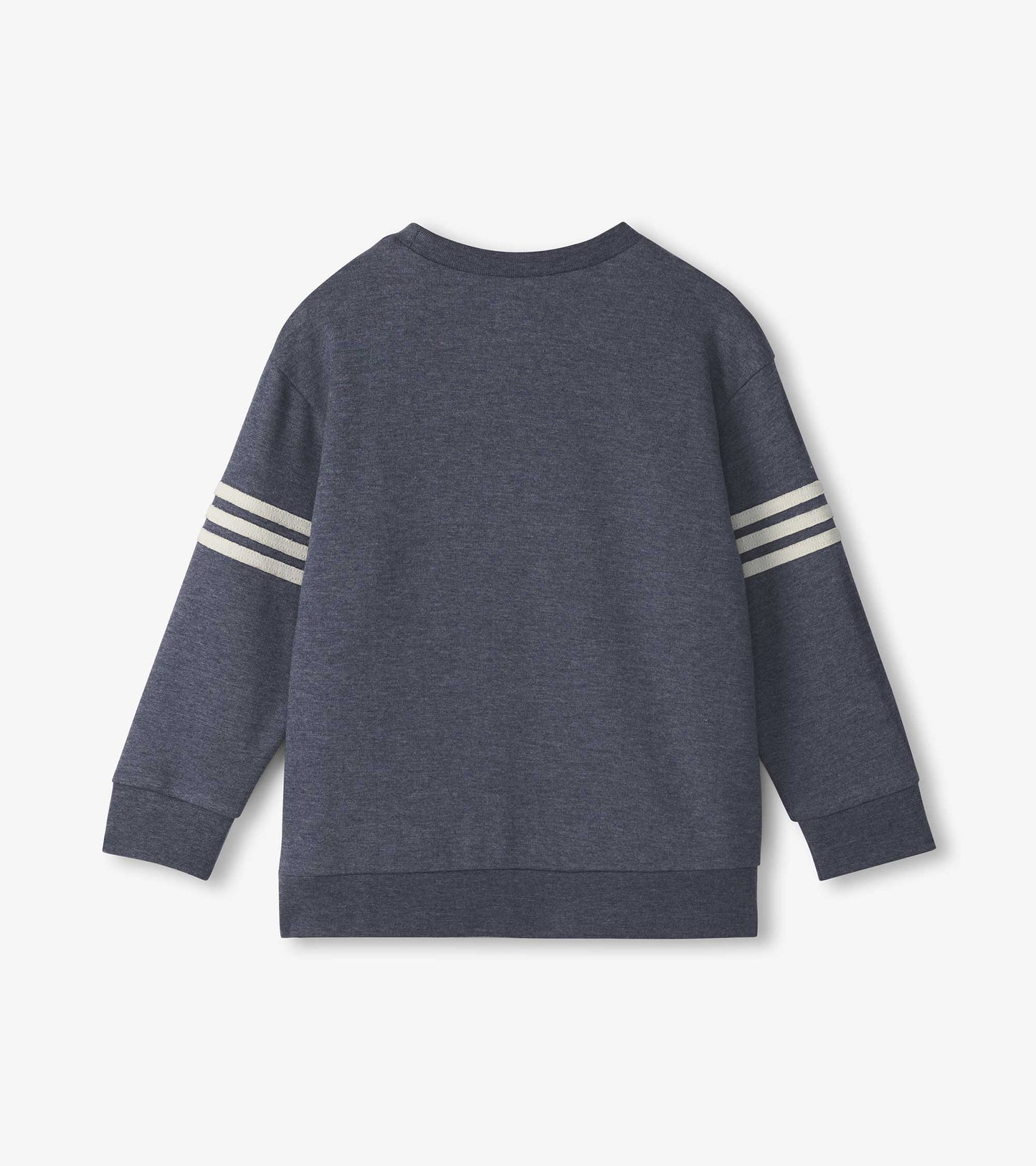 Navy pullover sweatshirt for boys with white stripes on the sleeves and a crew neckline. Back view shown.