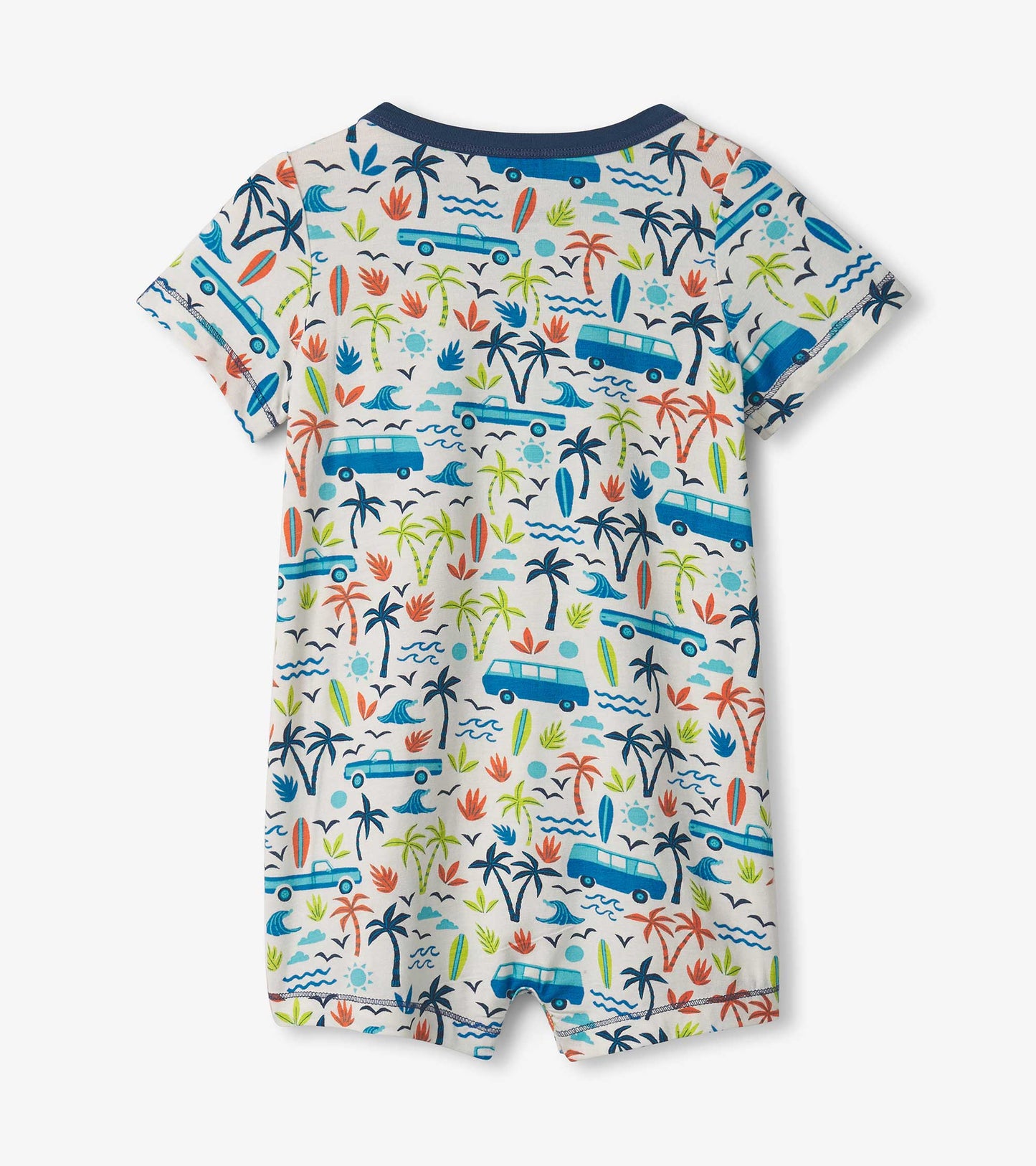 Bamboo romper featuring a colorful beach party print with cars, palm trees, and surfboards, suitable for baby boys.