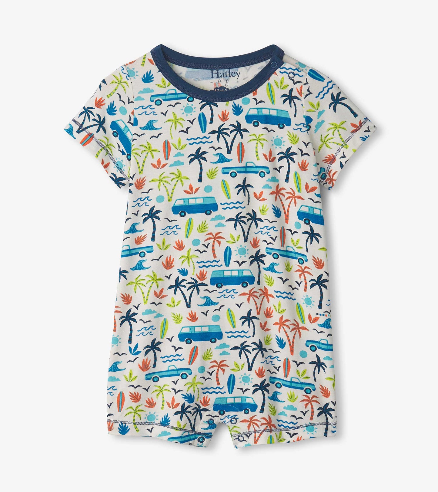 Short-sleeve bamboo romper featuring a colorful beach party print with cars, palm trees, and surfboards.
