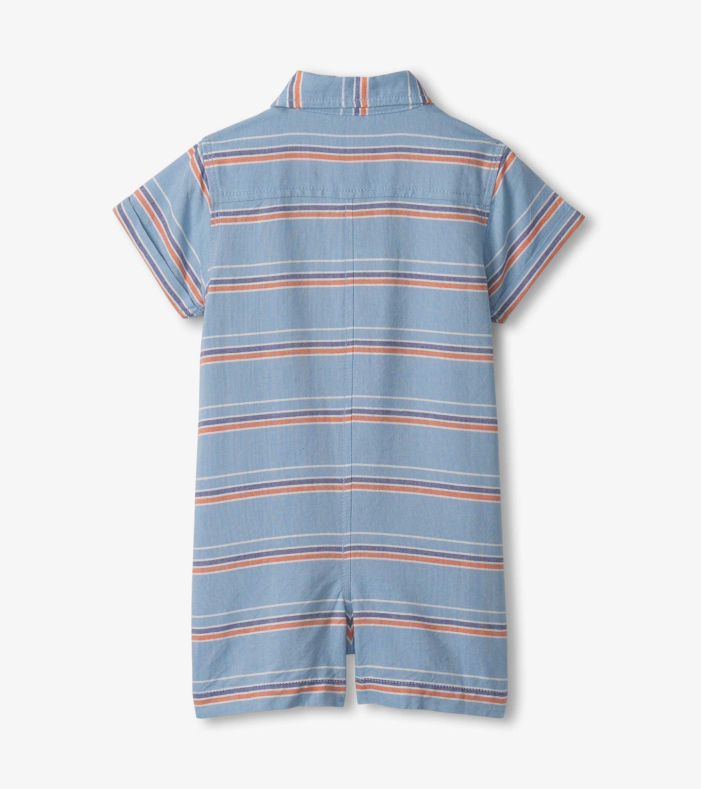 Blue woven romper for baby and toddler boys featuring short sleeves and horizontal stripes in orange and white. Back view.