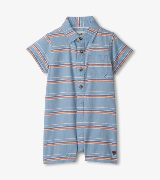 Blue woven romper for baby and toddler boys, featuring short sleeves and horizontal stripes in orange and white.
