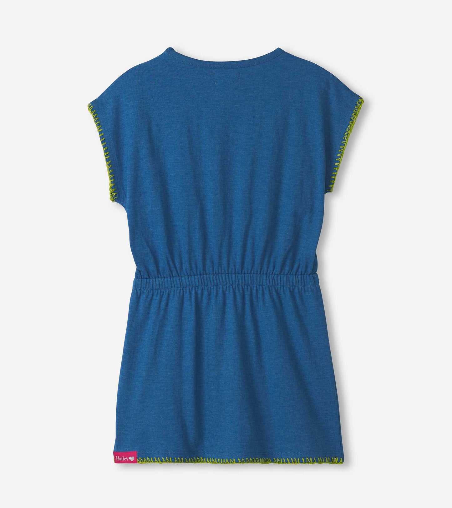 Blue relaxed dress with short sleeves, elastic waist, and contrasting green stitching along the sleeves. Back view.