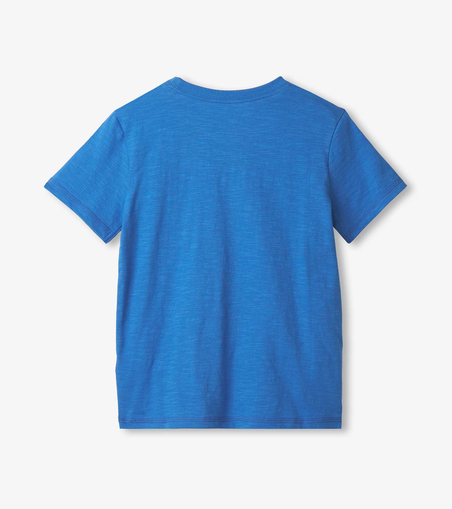 Back view of a blue short-sleeve t-shirt with a soft texture, suitable for boys.