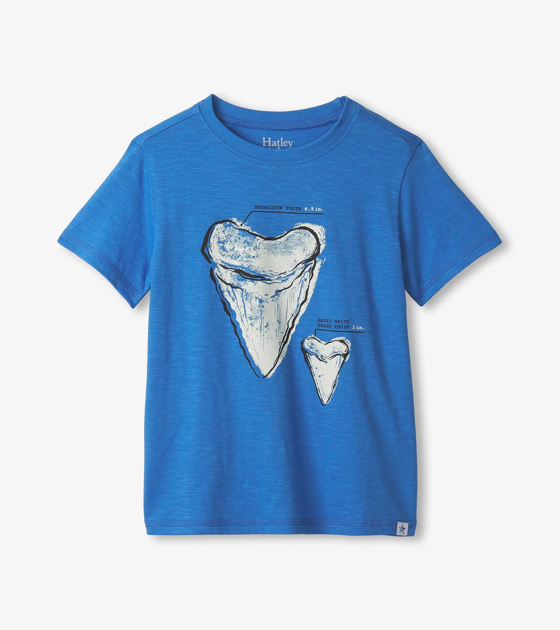 Blue short-sleeve tee featuring shark tooth graphics in white and black, perfect for casual wear.