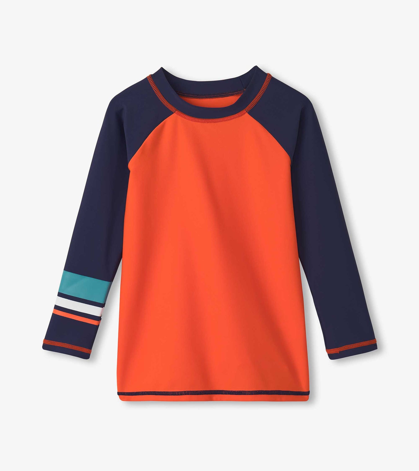 Boys long sleeve rashguard in bright orange with navy sleeves and striped detail on the cuff, ideal for water activities.