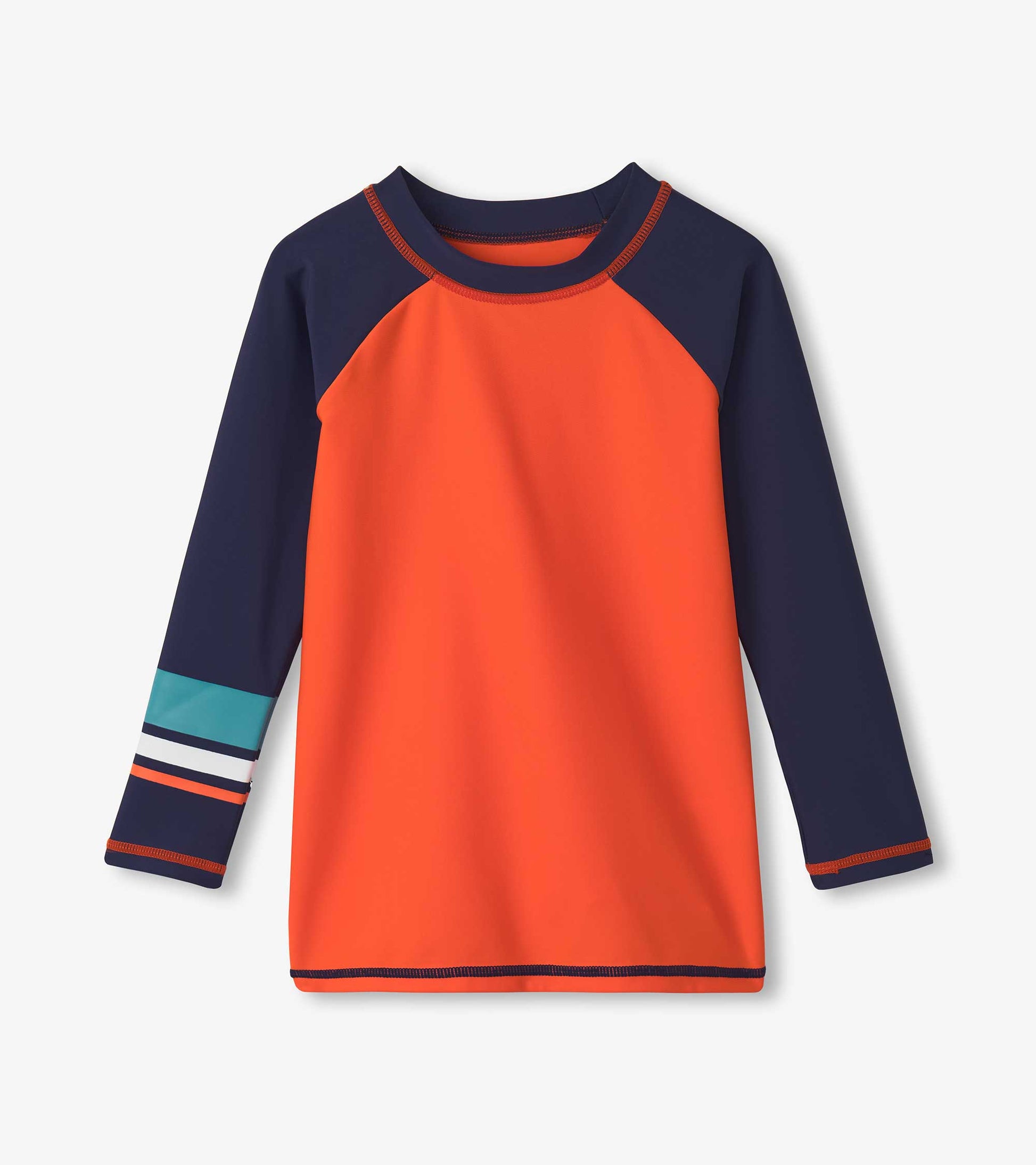 Boys long sleeve rashguard in bright orange with navy sleeves and striped detail on the cuff, ideal for water activities.