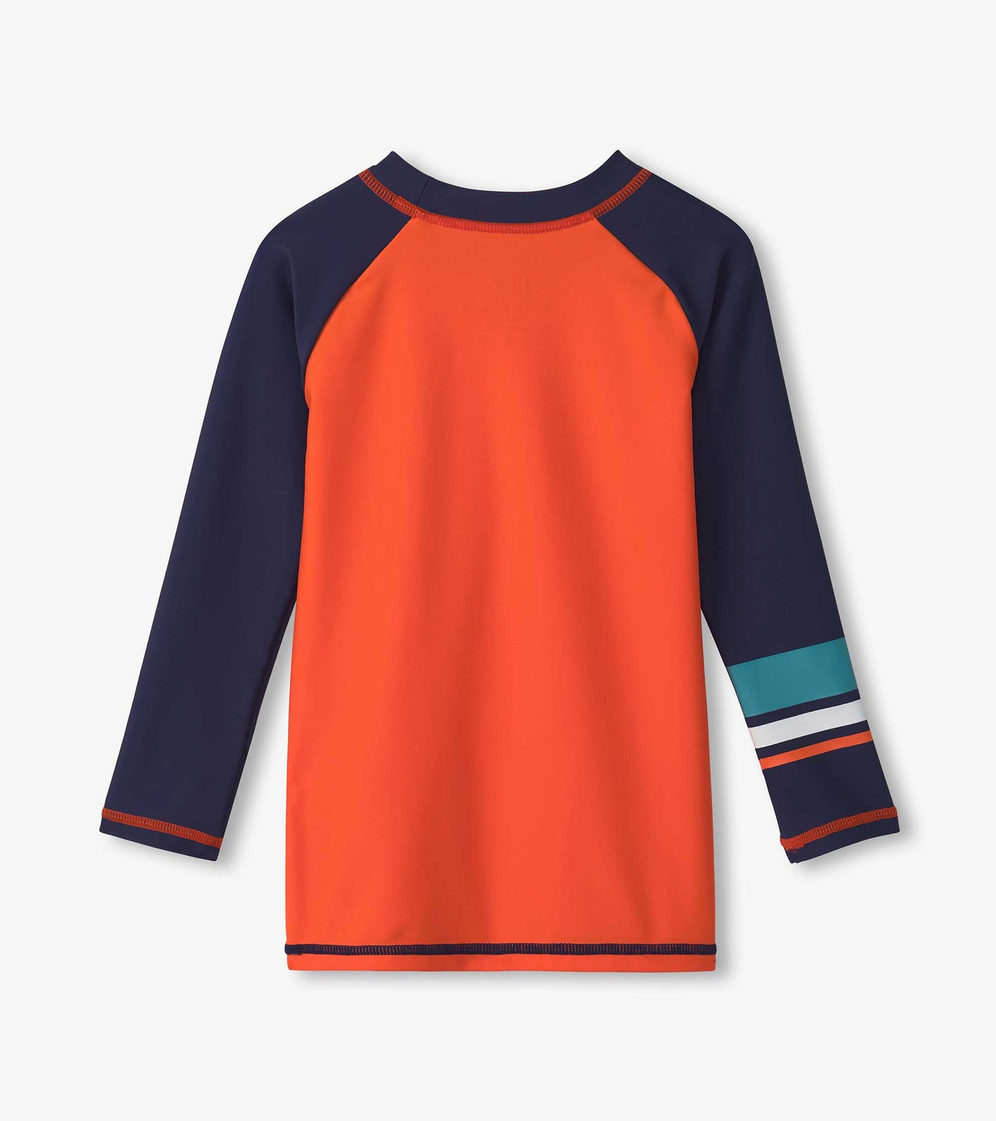 Boys long sleeve rashguard in bright orange with navy sleeves and striped detail, ideal for beach or pool activities.