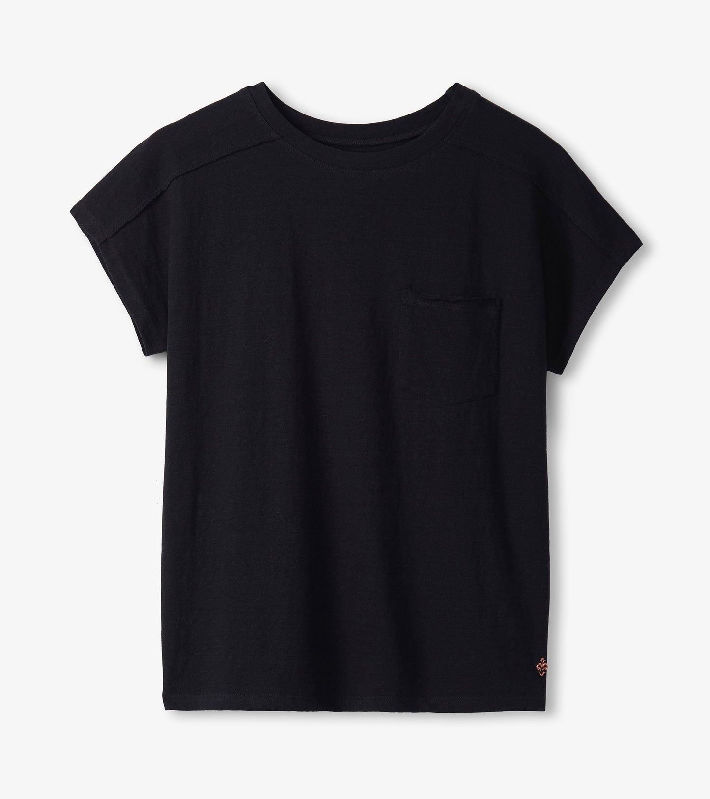 Black slouchy tee with short sleeves and a front pocket, made from soft fabric.