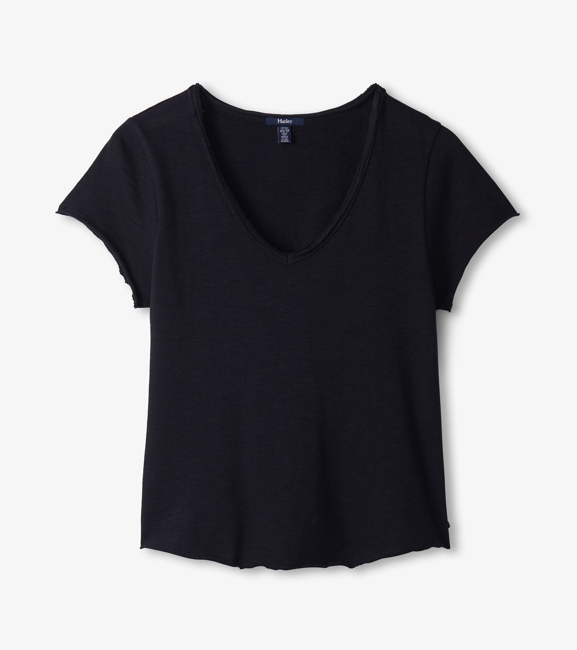 Black V-neck tee with short sleeves and a relaxed fit, featuring a slightly curved hem.