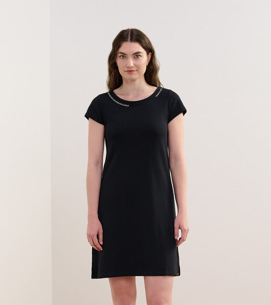 Black French terry dress with short sleeves and a relaxed fit, featuring a round neckline and subtle detailing.