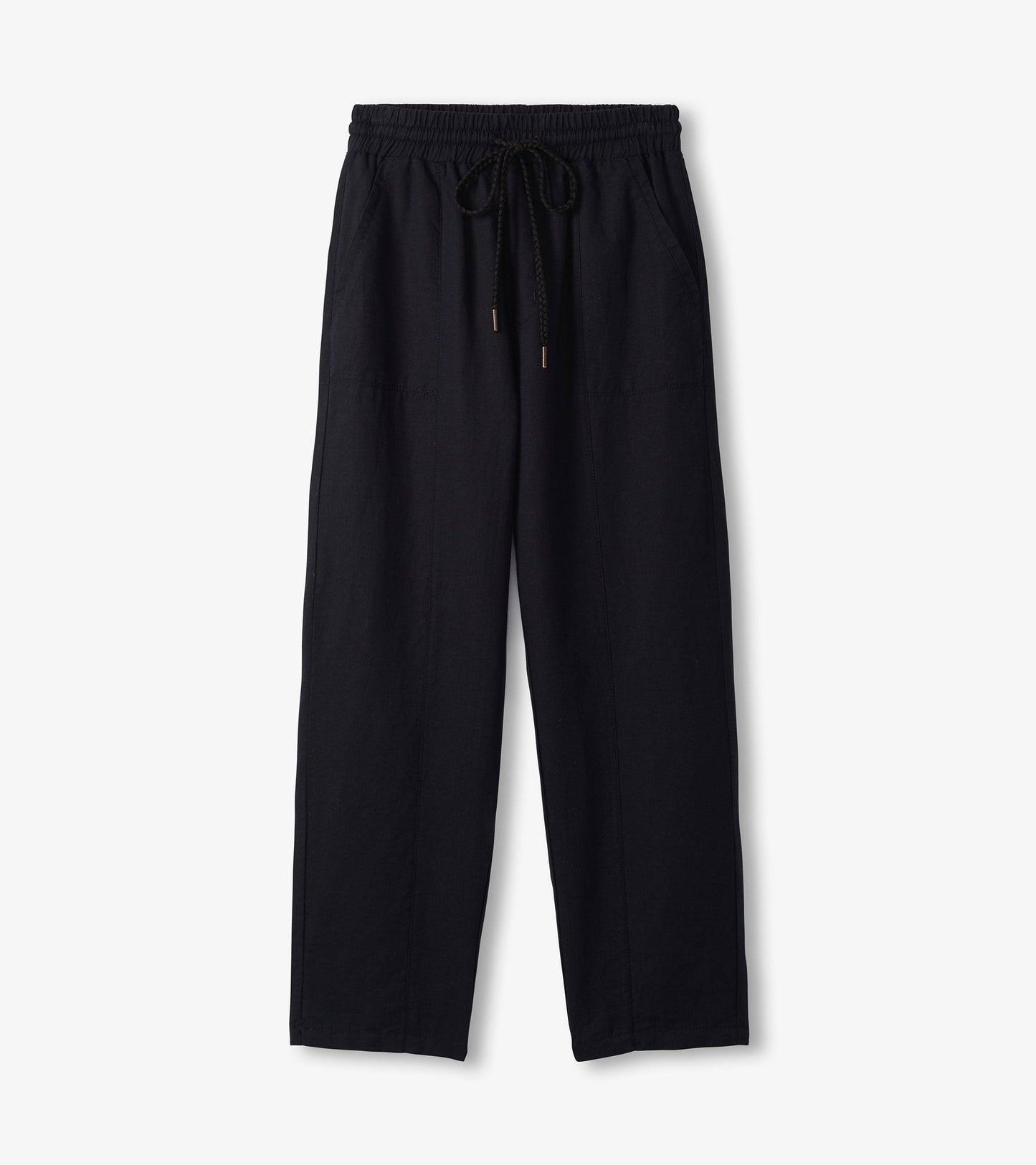 Black straight leg linen pants with an elastic waistband and drawstring, featuring side pockets.