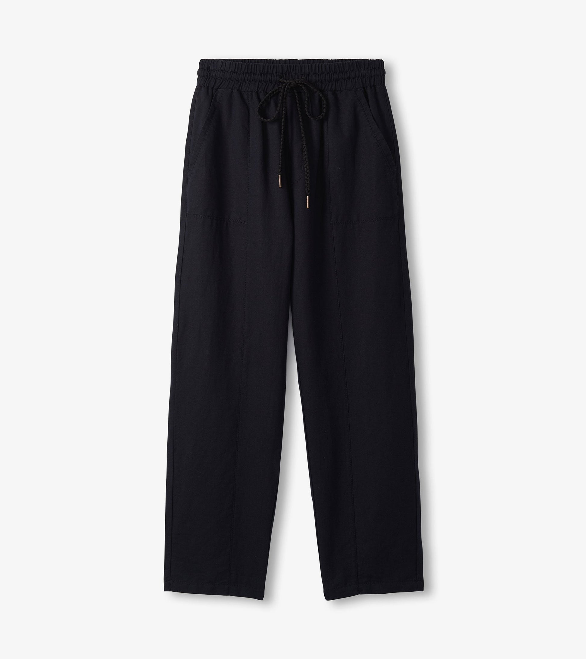 Black straight leg linen pants with an elastic waistband and drawstring, featuring side pockets.