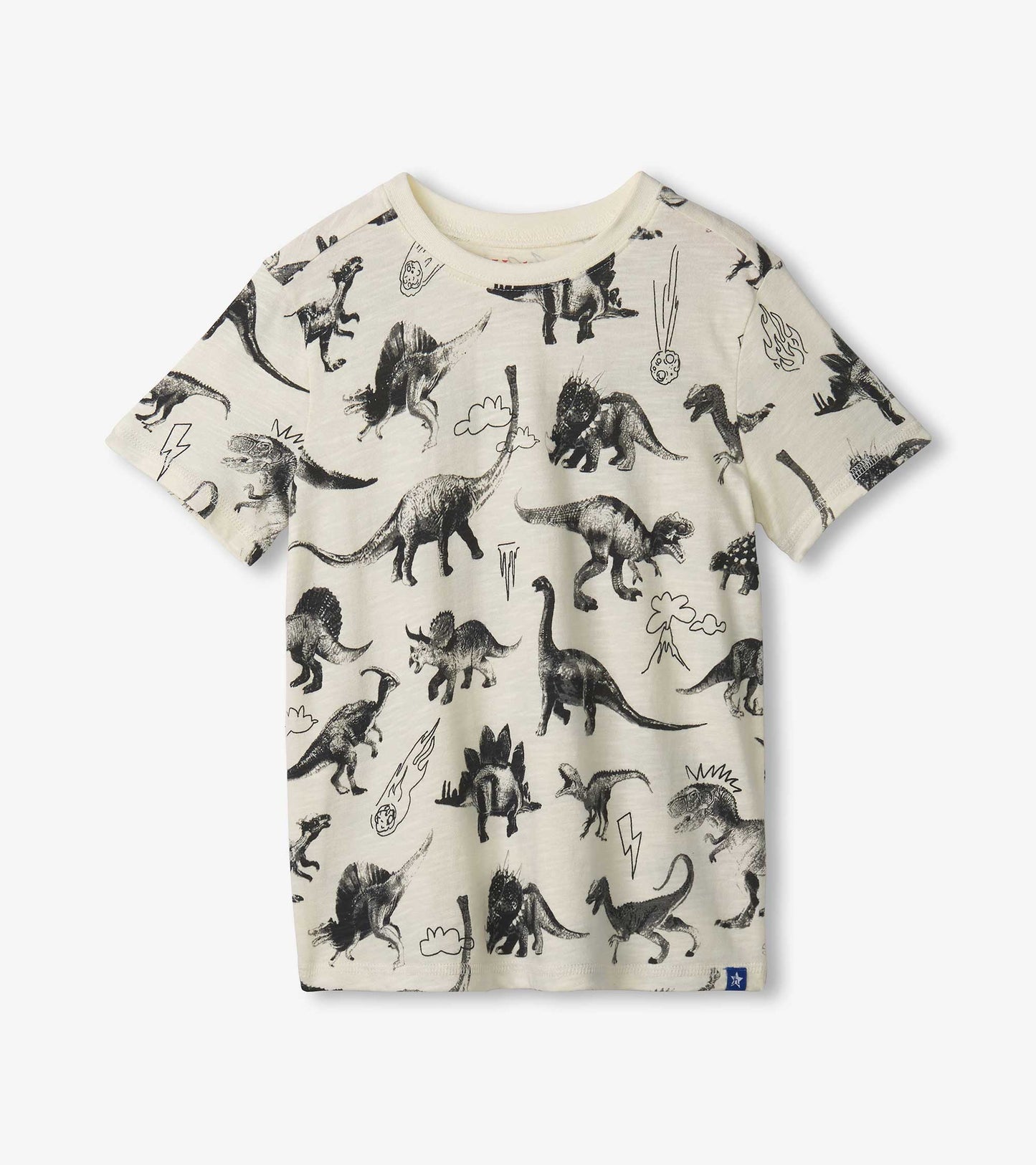 Cream-colored graphic tee featuring various black dinosaur illustrations and extinction-themed elements.