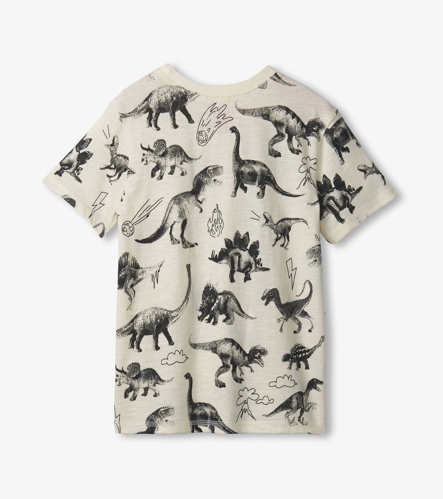 Light beige graphic tee featuring various dinosaur illustrations and extinction-themed designs.
