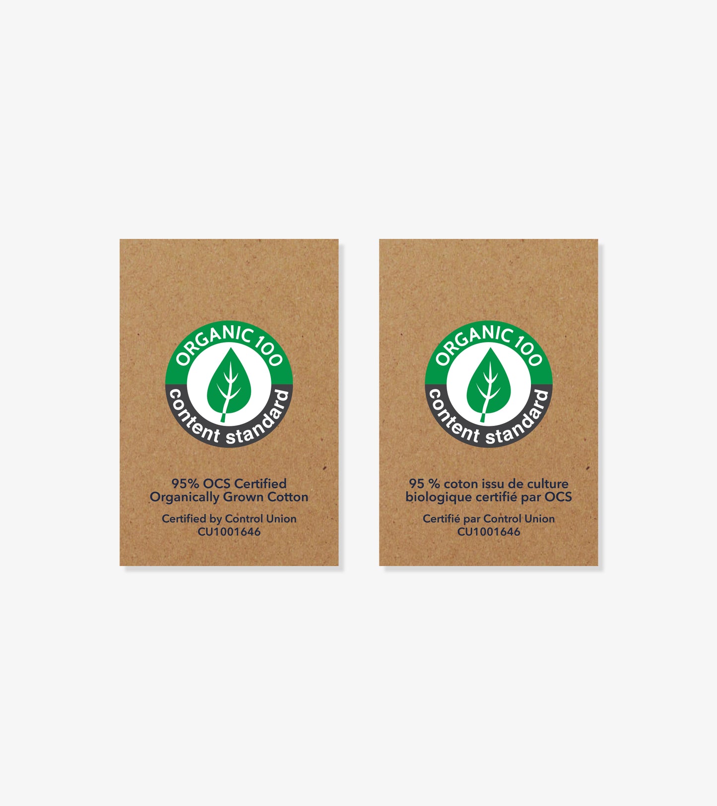 Two organic cotton certification labels on brown cardboard background, side by side
