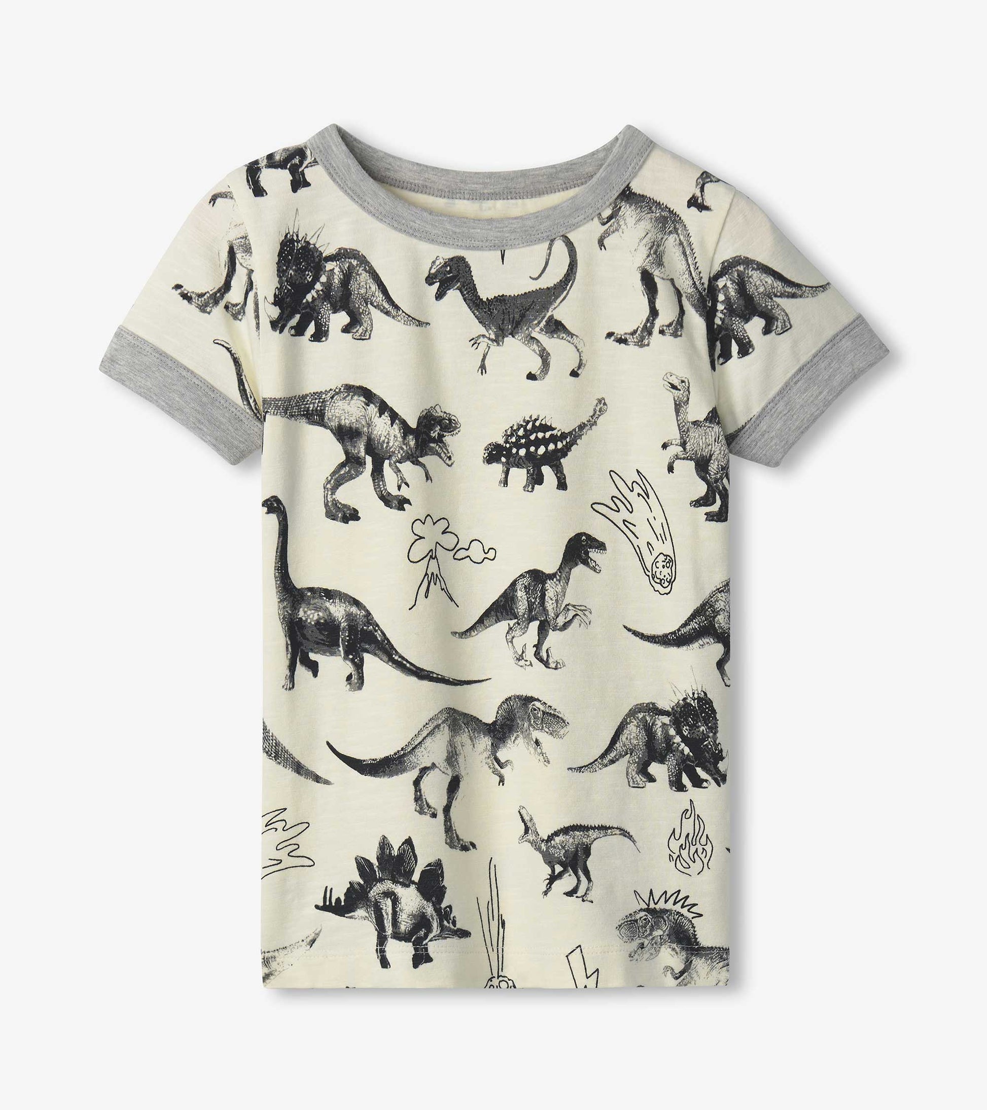 Short pajama set featuring a cream background with black dinosaur illustrations and gray trim on the sleeves.