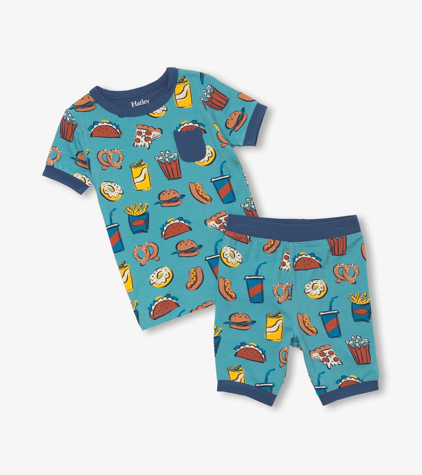 Boys' short pajama set featuring a fun carnival food print on a teal background, made from soft bamboo fabric.