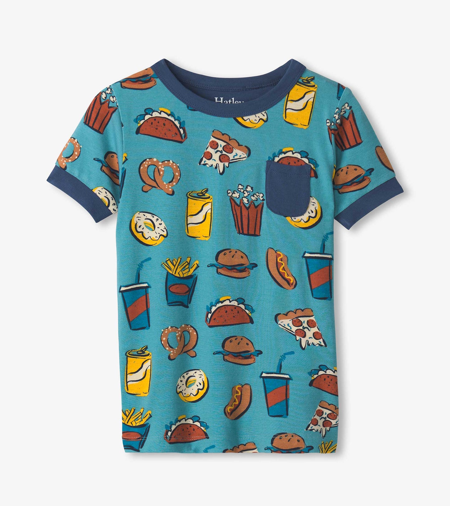 Turquoise short pajama set featuring colorful carnival food prints, including pizza, burgers, and drinks.