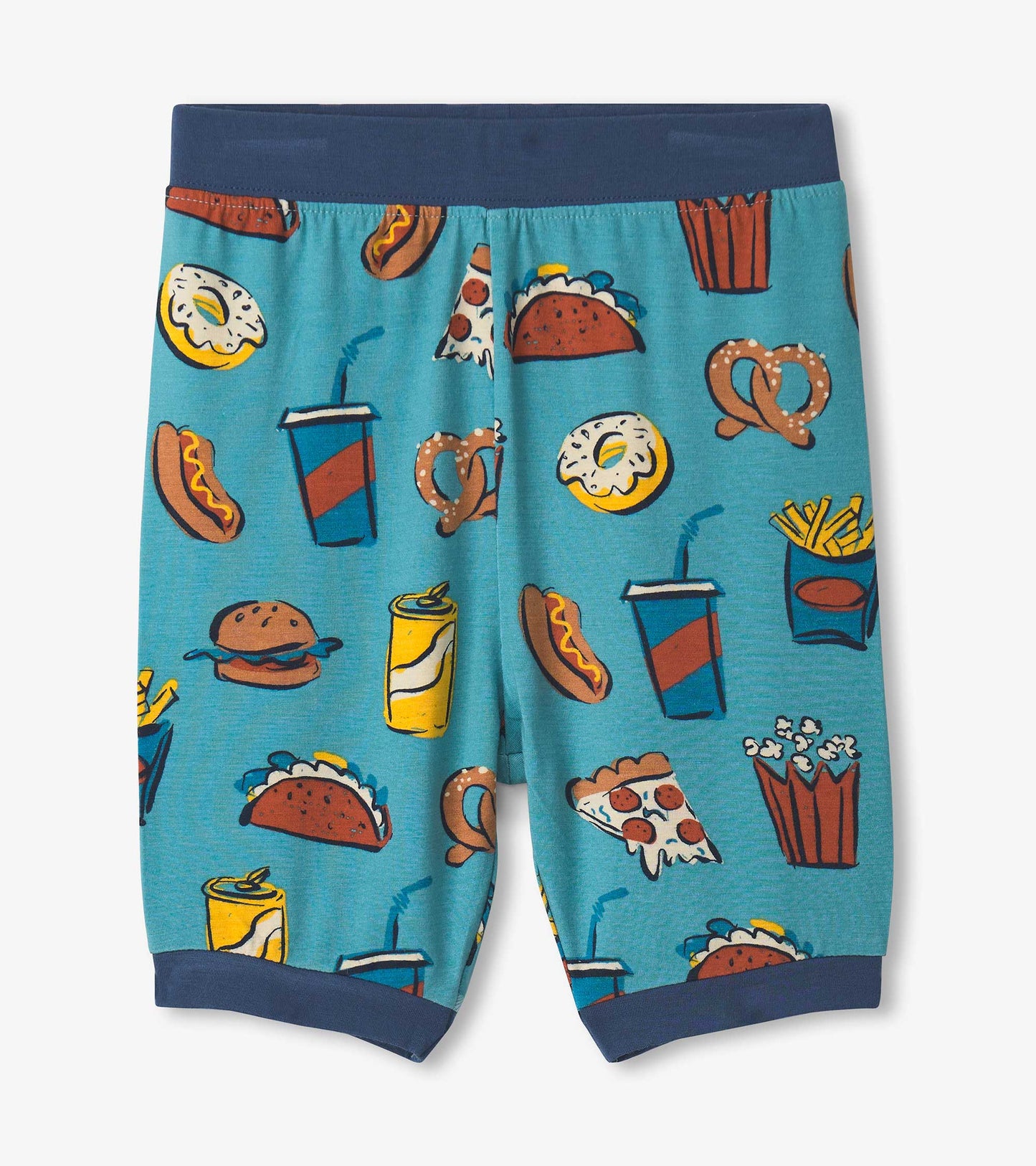 Bamboo short pajama set featuring a colorful carnival food print on a teal background with a navy waistband.