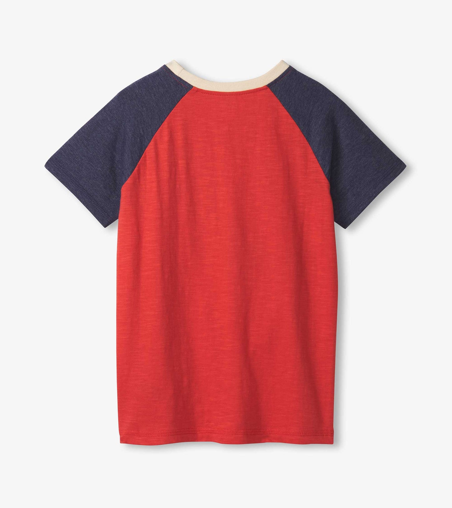 Red raglan t-shirt with navy sleeves and a cream collar, featuring a soft, casual design suitable for boys.