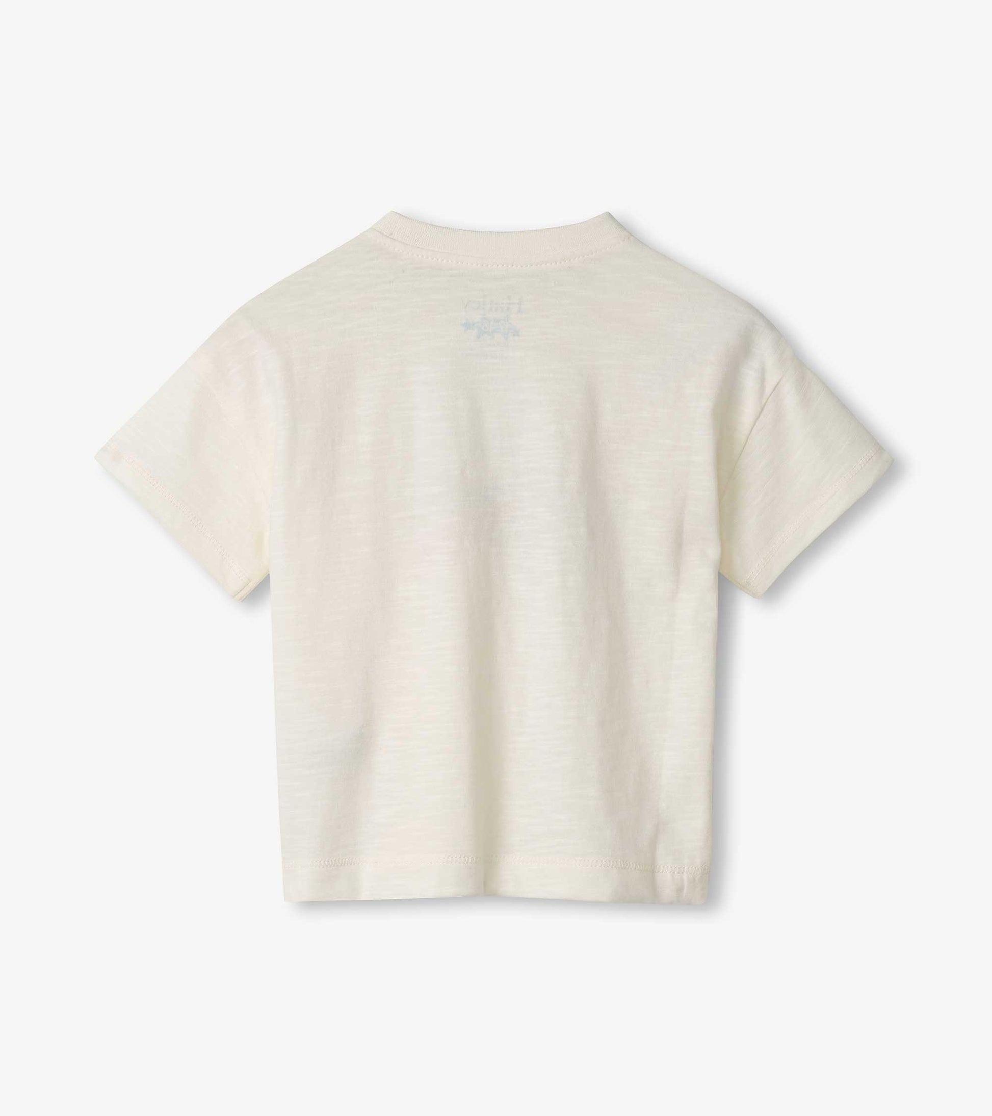 Cream slouchy tee for baby and toddler boys, featuring short sleeves and a relaxed fit. Back view shows minimal design.