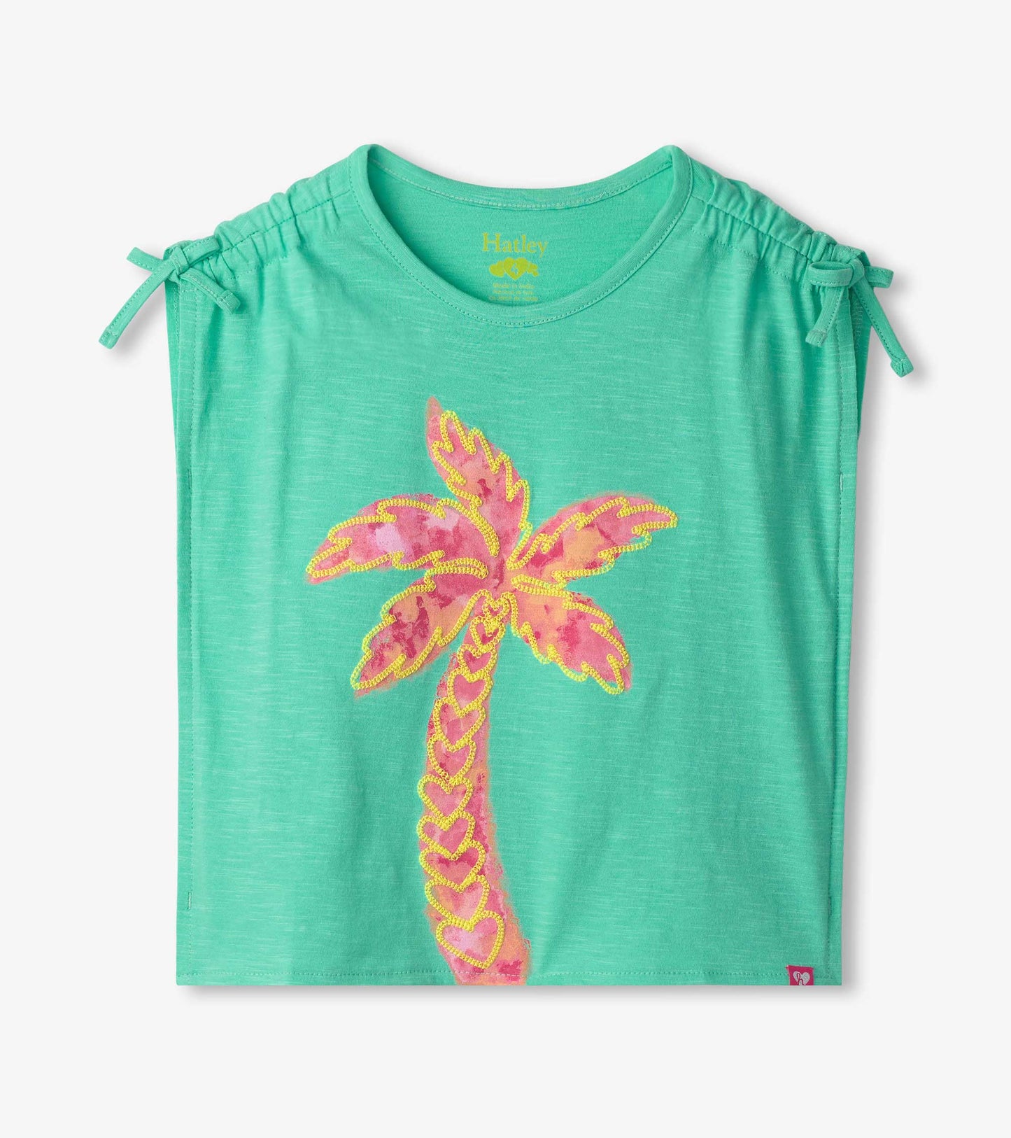 Turquoise cinched shoulder top featuring a colorful palm tree design in pink and yellow.