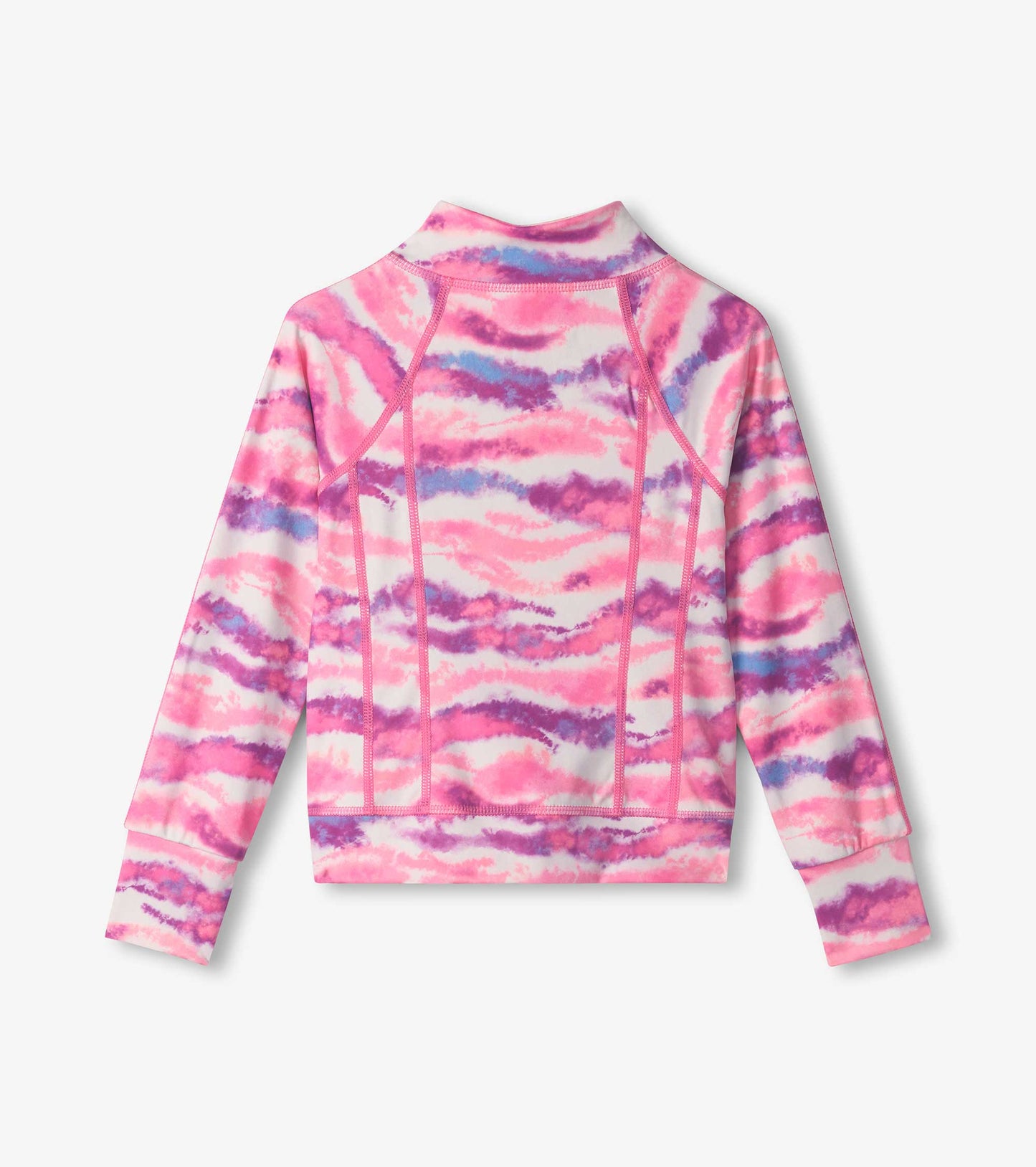 Girls' active jacket in pink ombre pattern with purple accents, featuring a high collar and long sleeves. Back view.