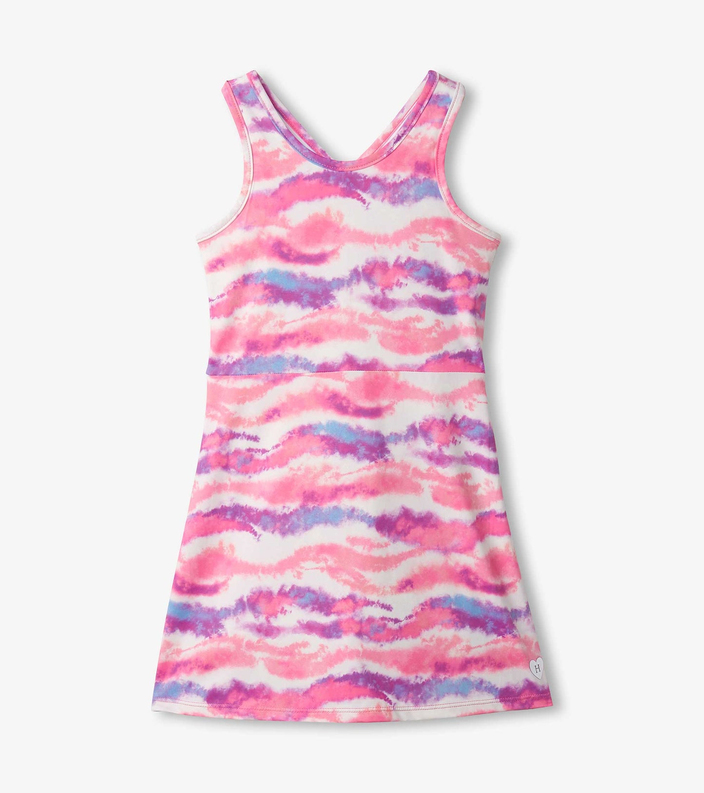 Pink and purple ombre A-line dress with a wavy pattern and a V-neckline, suitable for active wear.