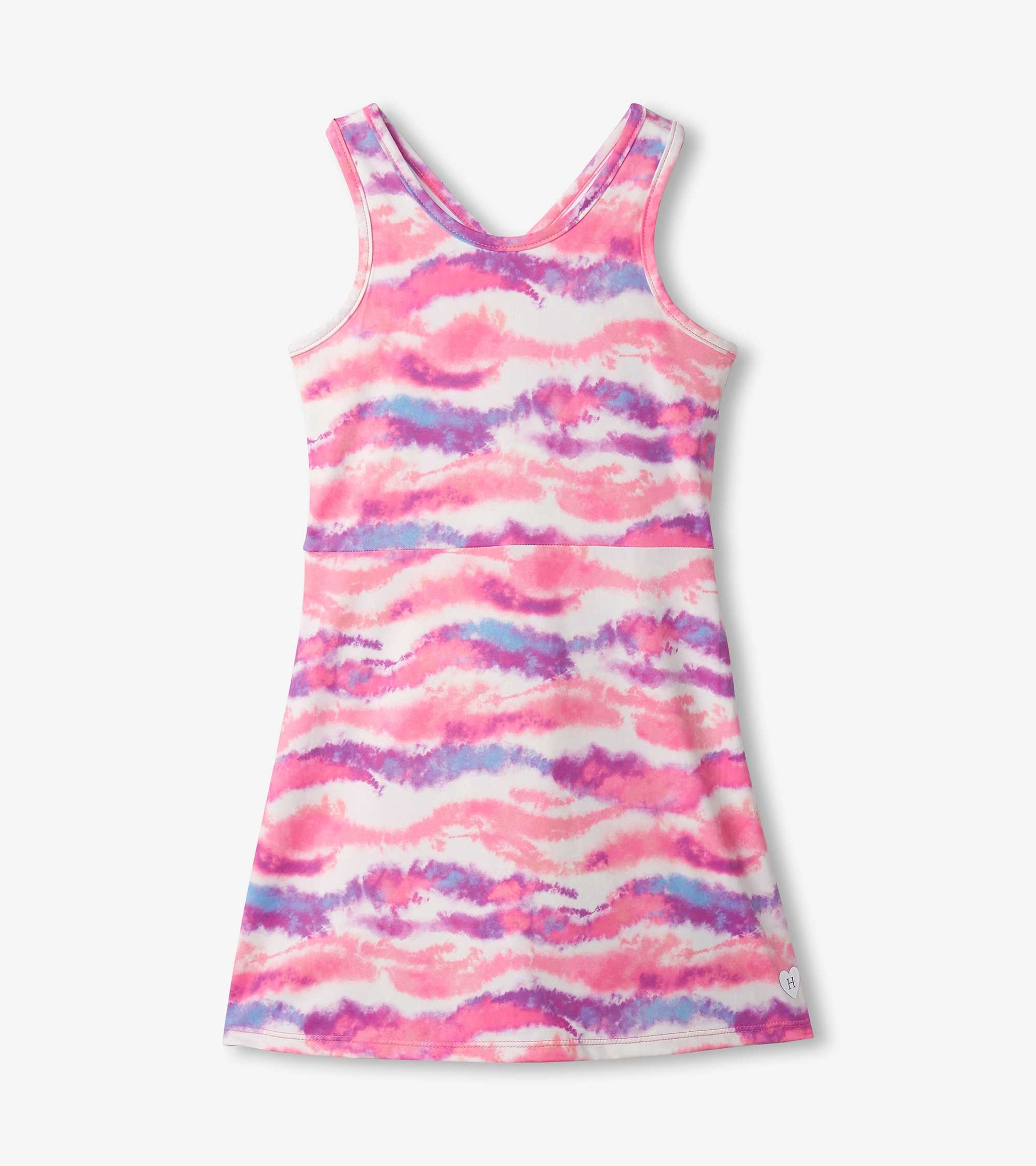 Pink and purple ombre A-line dress with a wavy pattern and a V-neckline, suitable for active wear.