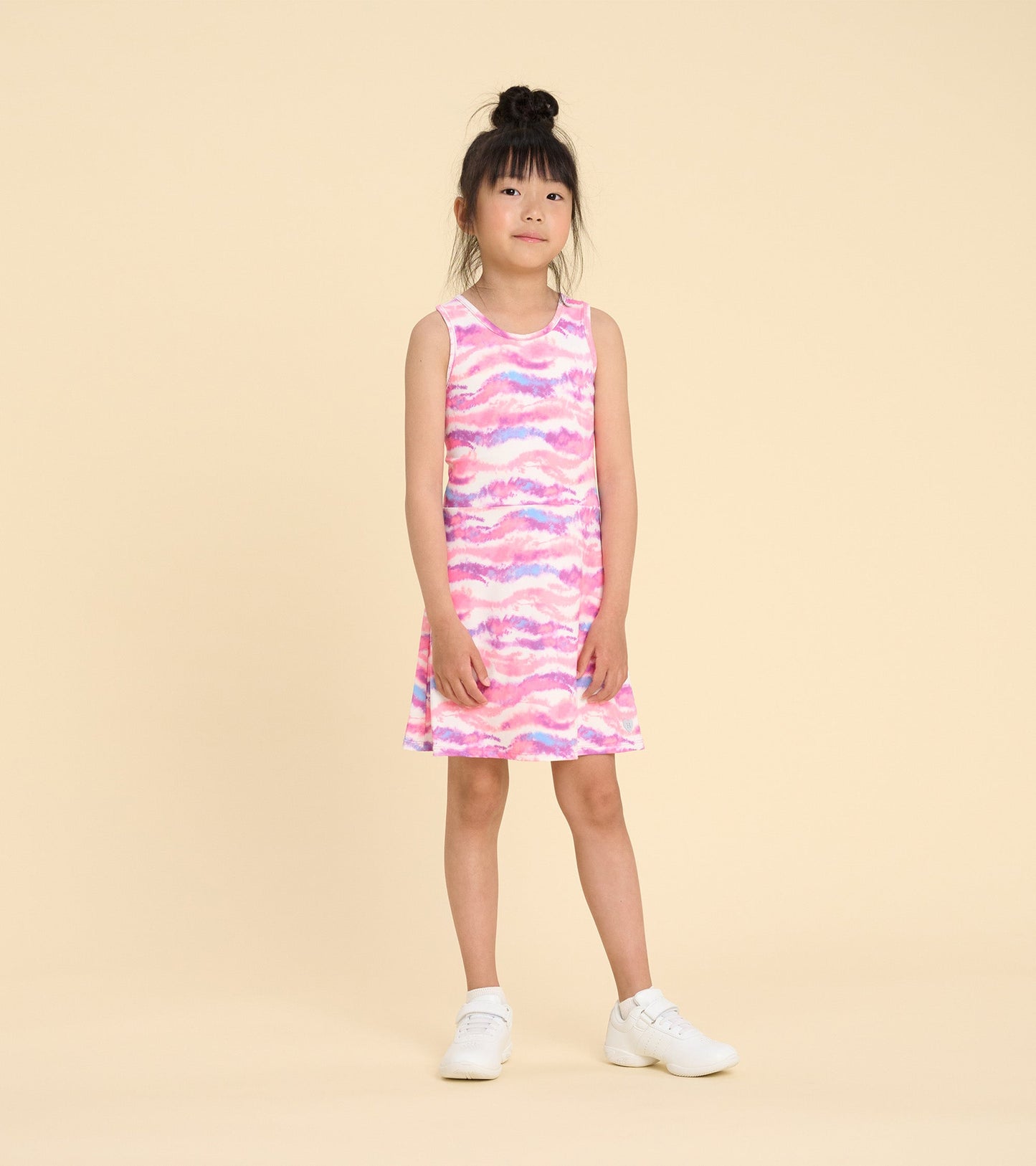 Girls' sleeveless A-line dress in pink and purple ombre pattern, perfect for active wear.