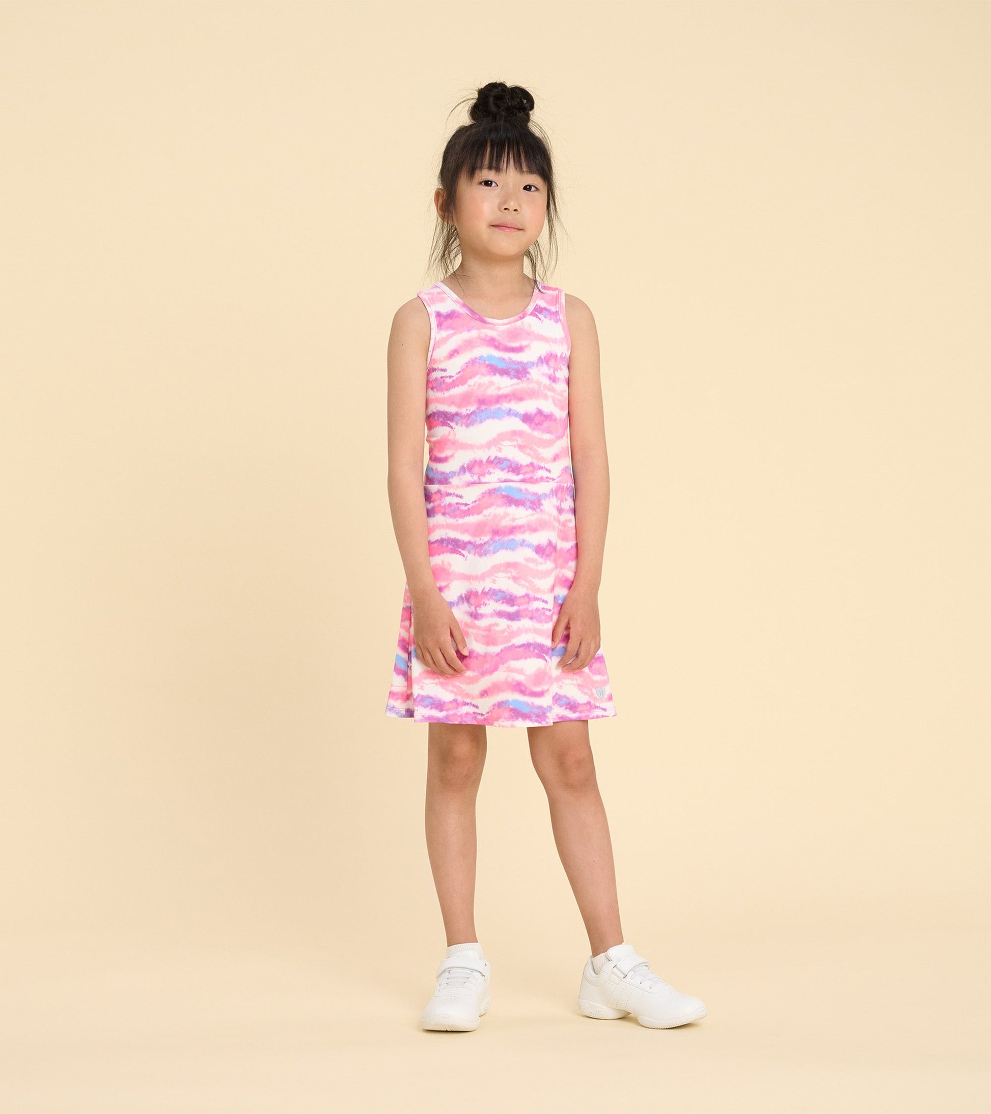 Girls' sleeveless A-line dress in pink and purple ombre pattern, perfect for active wear.