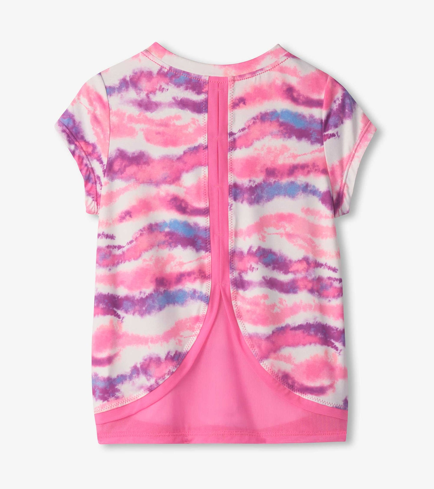 Pink ombre t-shirt with mesh trim, featuring a watercolor pattern in shades of pink and purple. Back view.