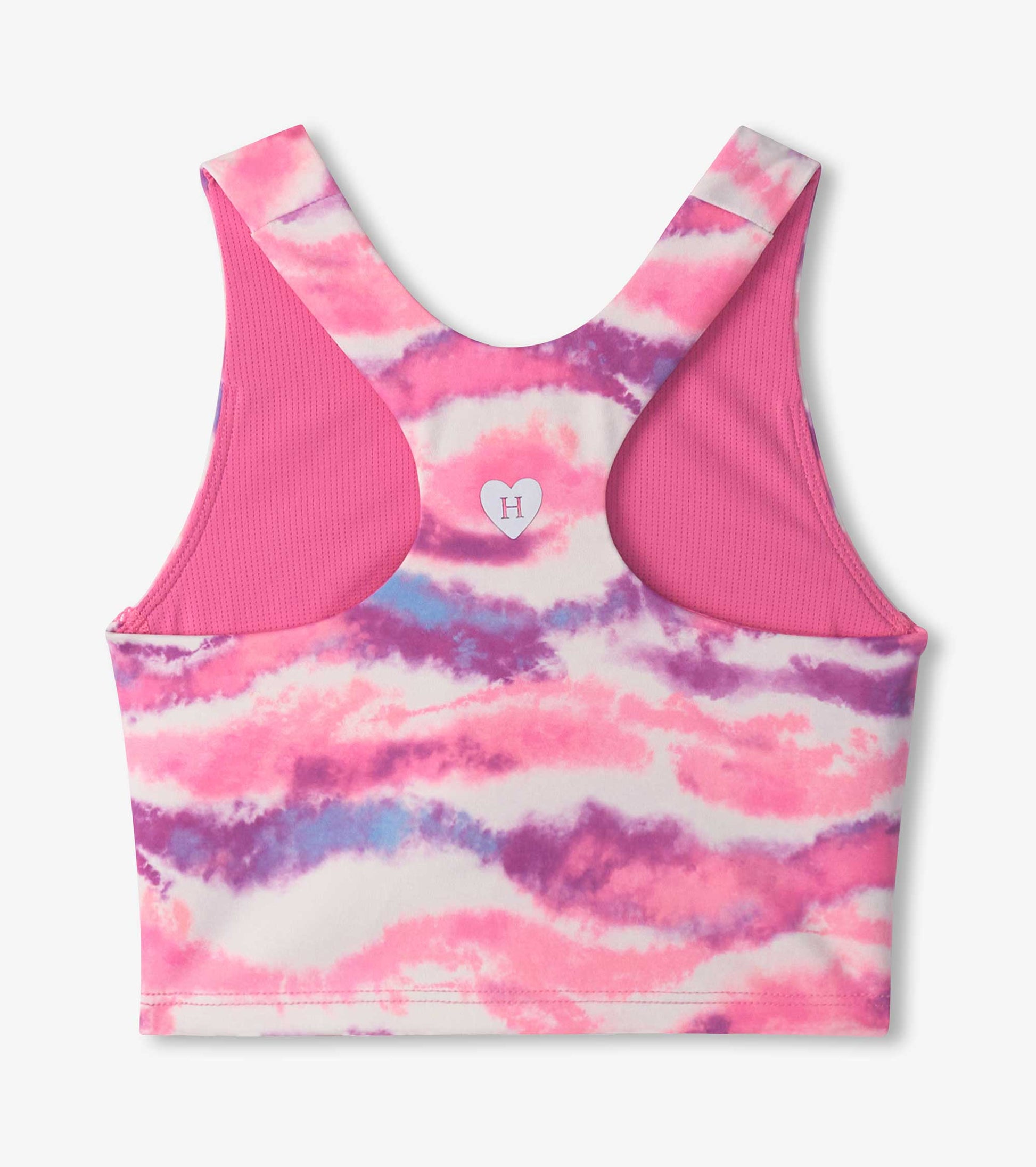 Girls' tank top featuring a candy ombre pattern in pink, purple, and blue with a solid pink back and heart logo detail.