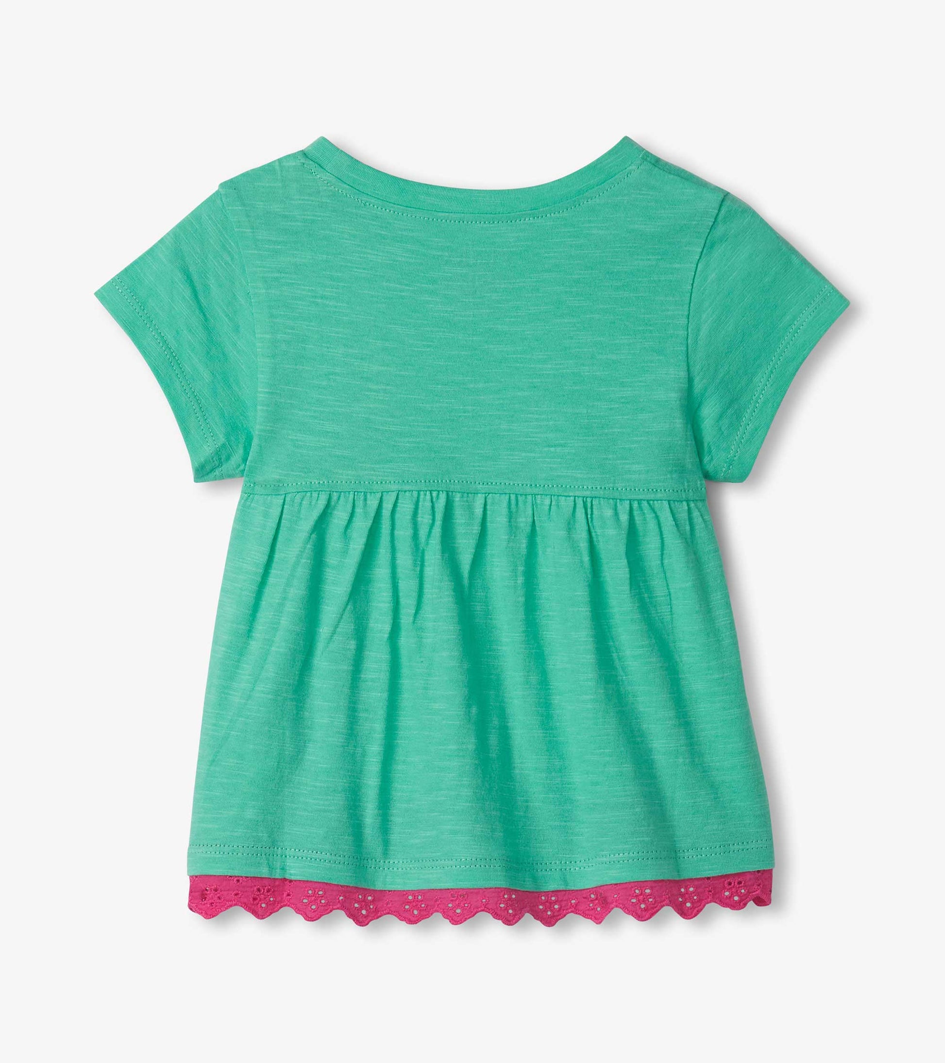 Green short-sleeve t-shirt for girls with eyelet trim in pink at the hem and a gathered waist design.