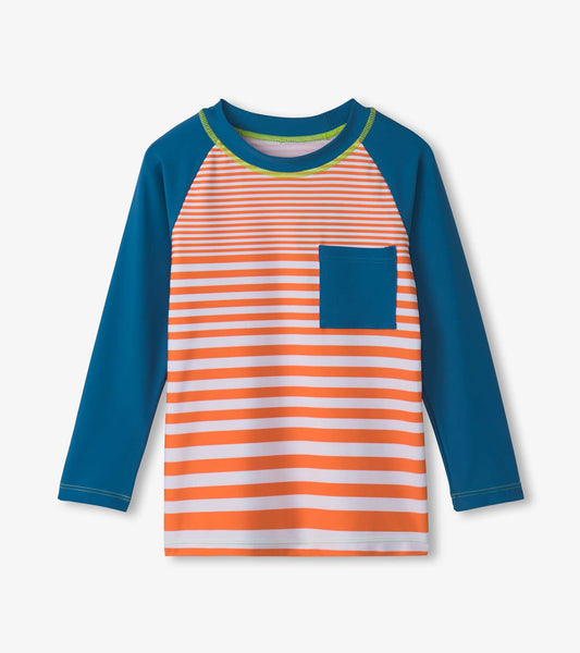 Long sleeve rashguard featuring orange and white stripes with blue sleeves and a chest pocket. Ideal for water activities.
