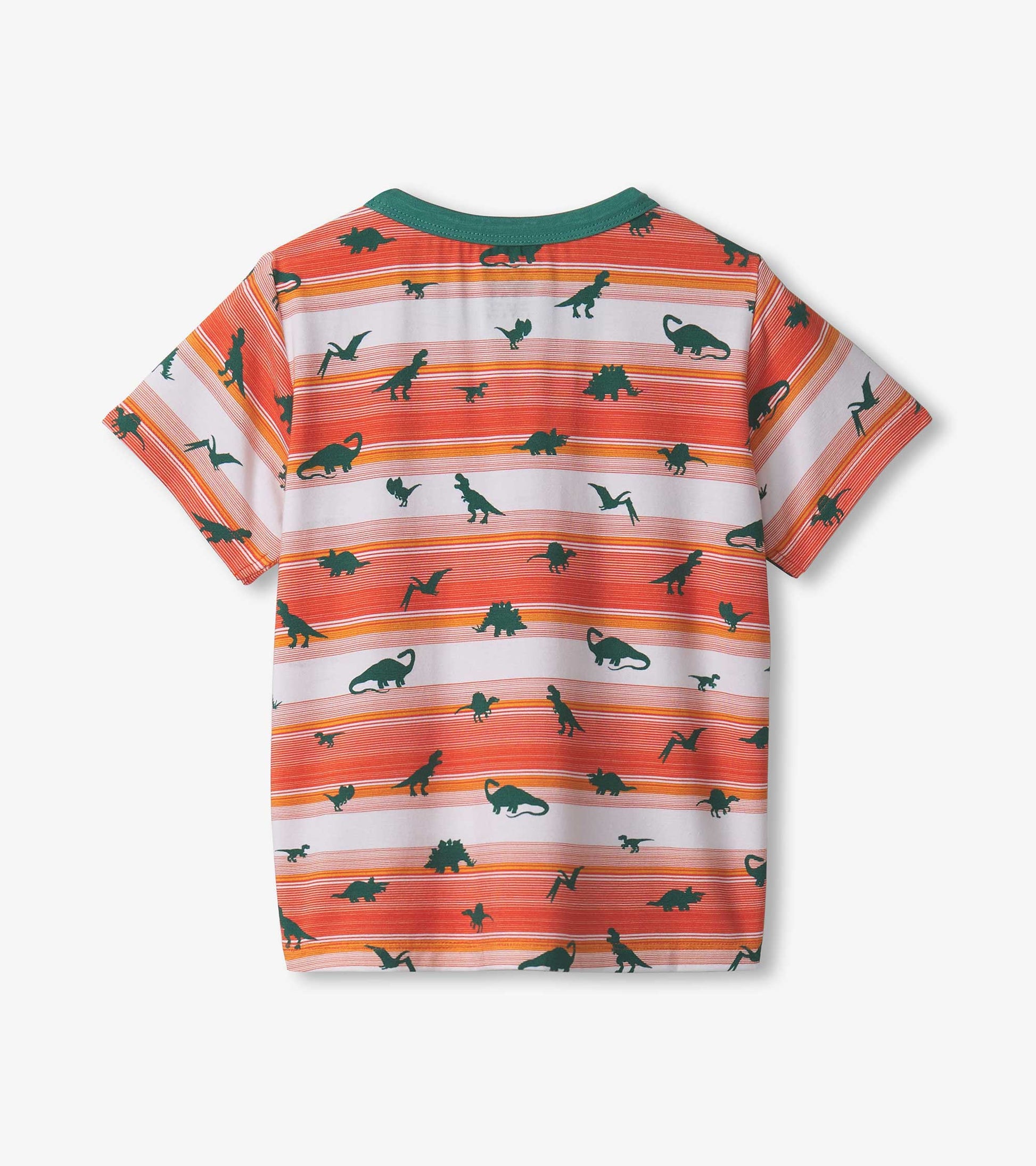 Boys' short-sleeve henley featuring a colorful dinosaur print on striped fabric, ideal for casual wear.