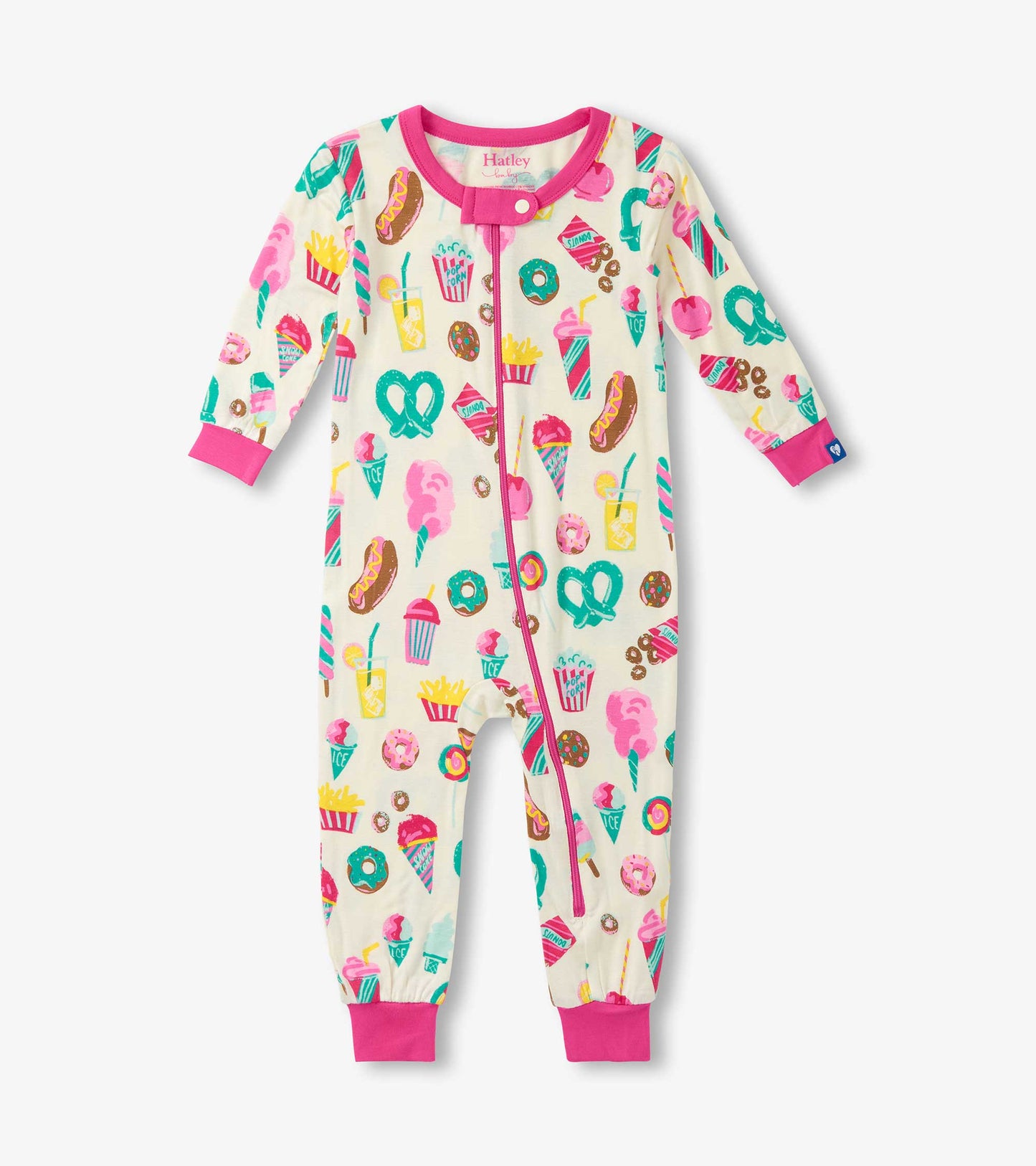 Cream-colored sleeper featuring colorful carnival treats like ice cream, donuts, and cotton candy, with pink trim and cuffs.