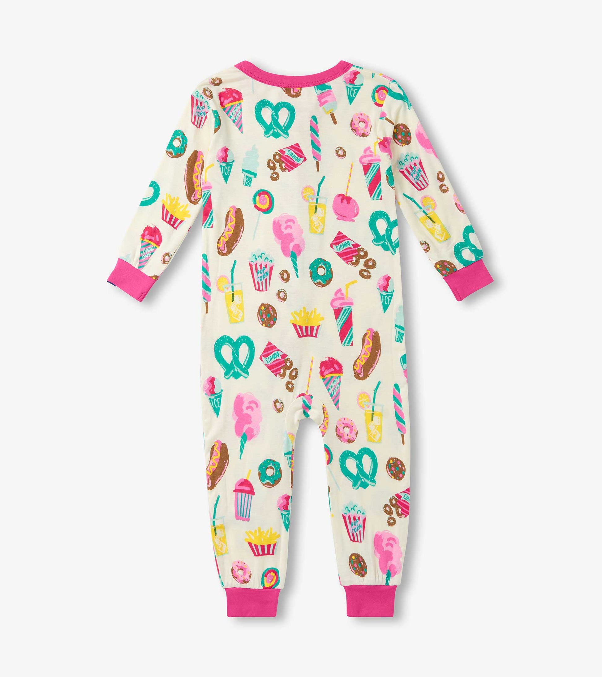 Cream-colored sleeper featuring colorful carnival treats like ice cream, donuts, and cotton candy, with pink cuffs.