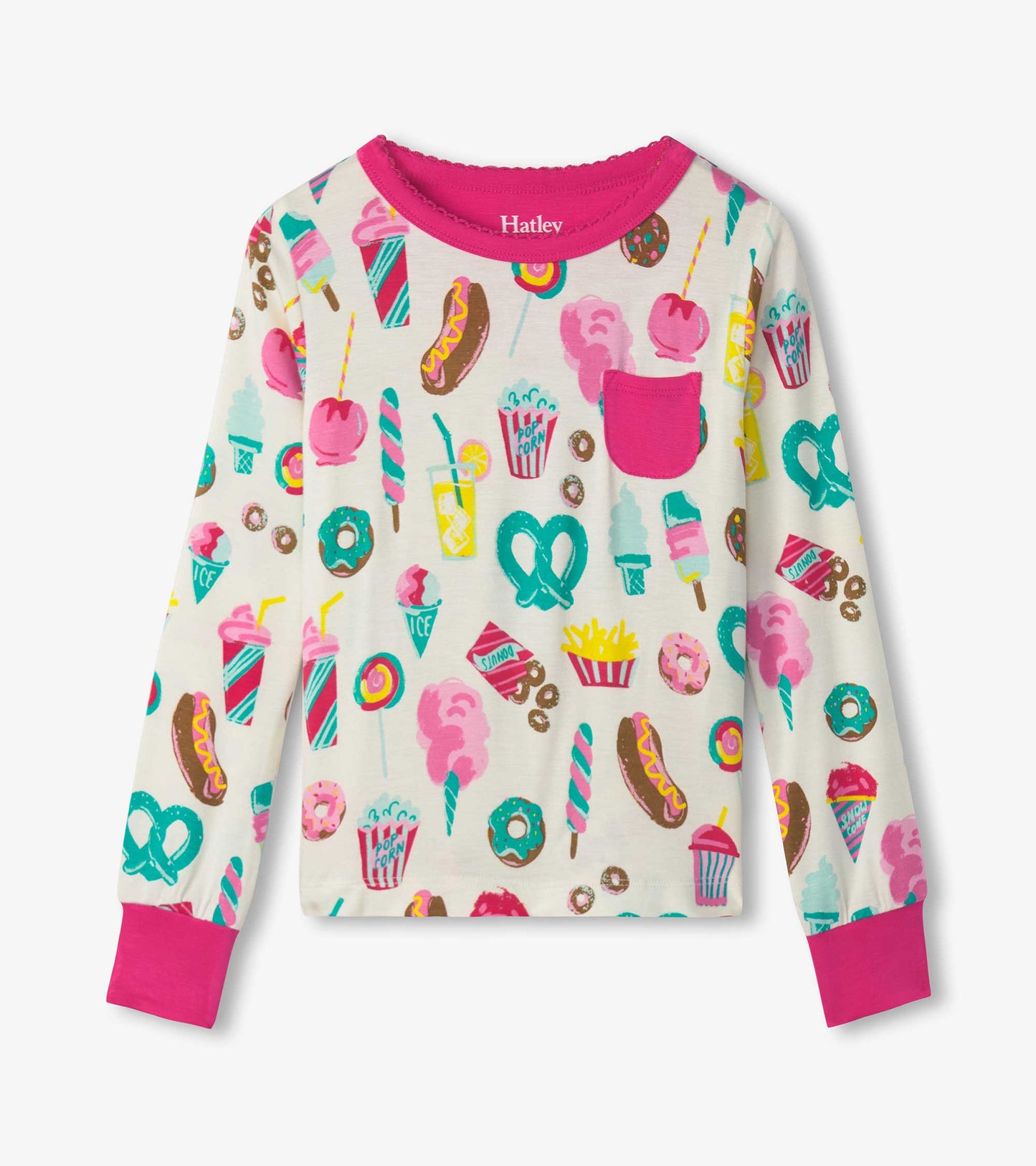 Long-sleeve pajama top featuring a colorful carnival treats print on a cream background, with pink cuffs and pocket.