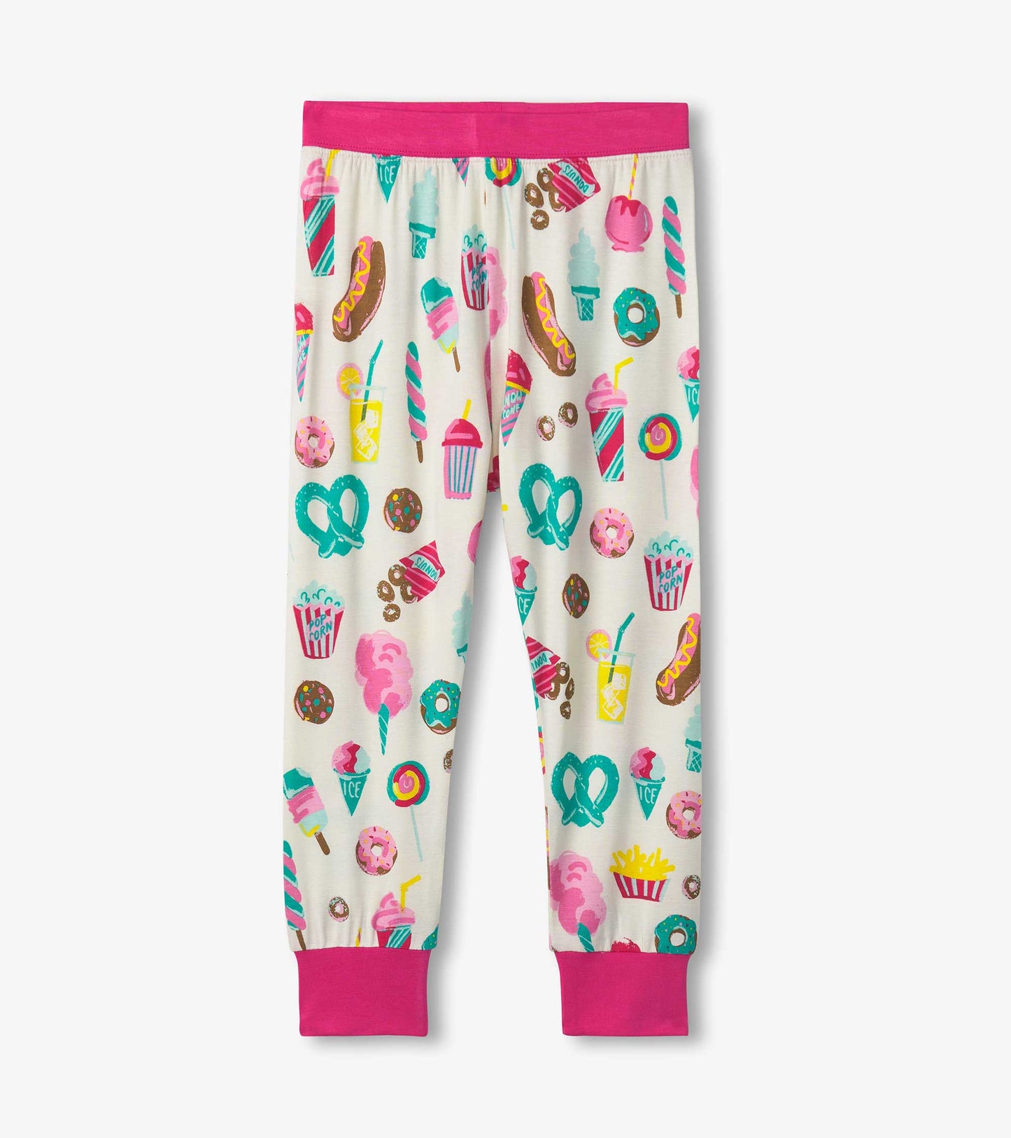 Bamboo pajama set featuring colorful carnival treats on a cream background with pink cuffs and waistband.