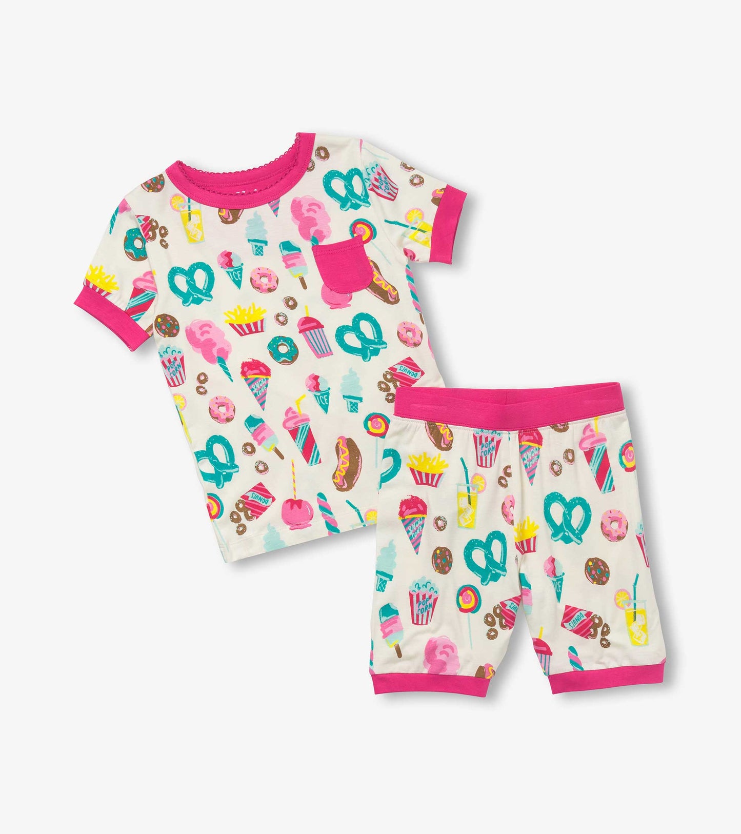 Short pajama set featuring a colorful carnival treats print on a cream background with pink trim.