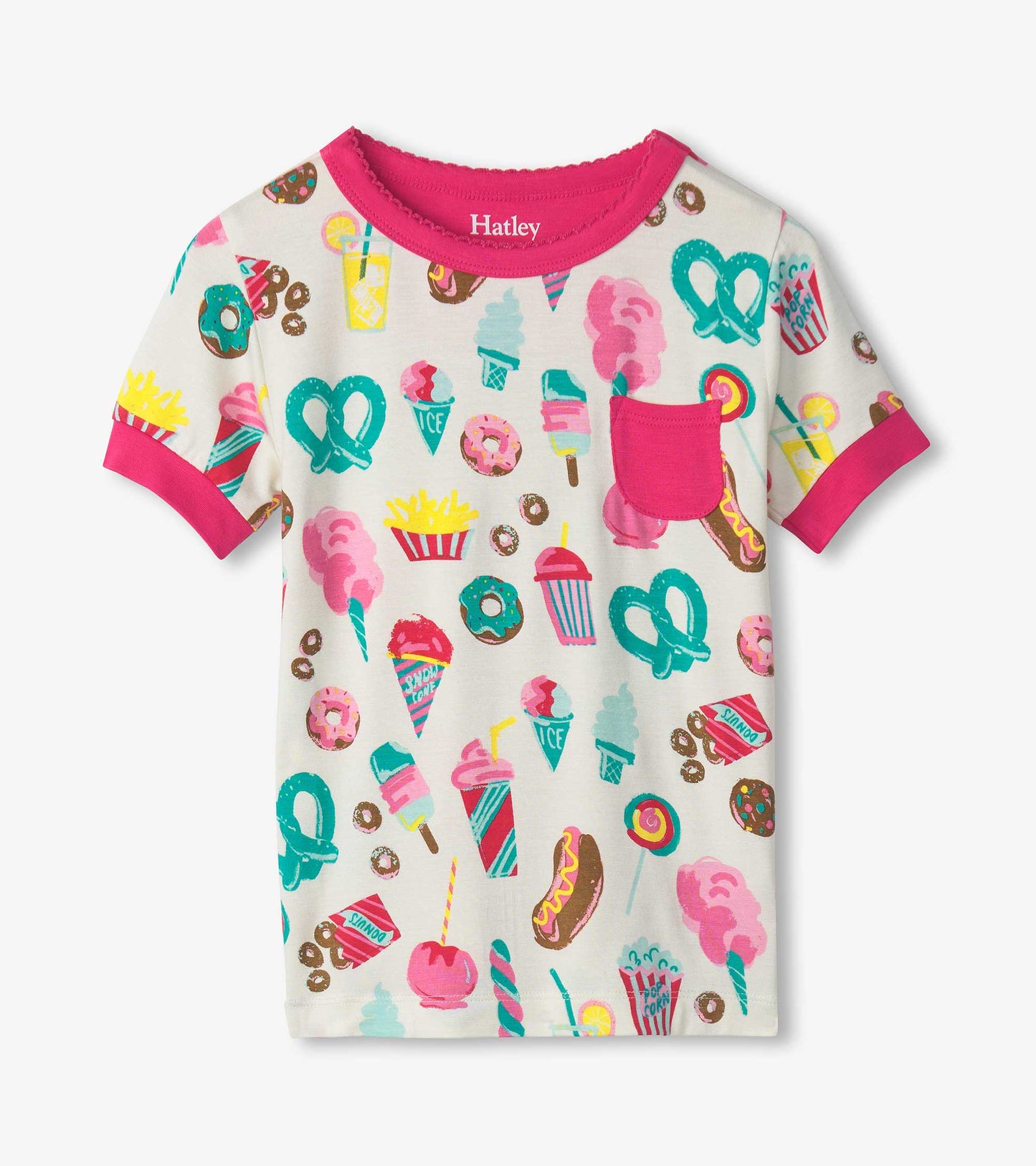 Short-sleeve pajama top featuring a colorful carnival treats print on a cream background with pink trim and pocket.