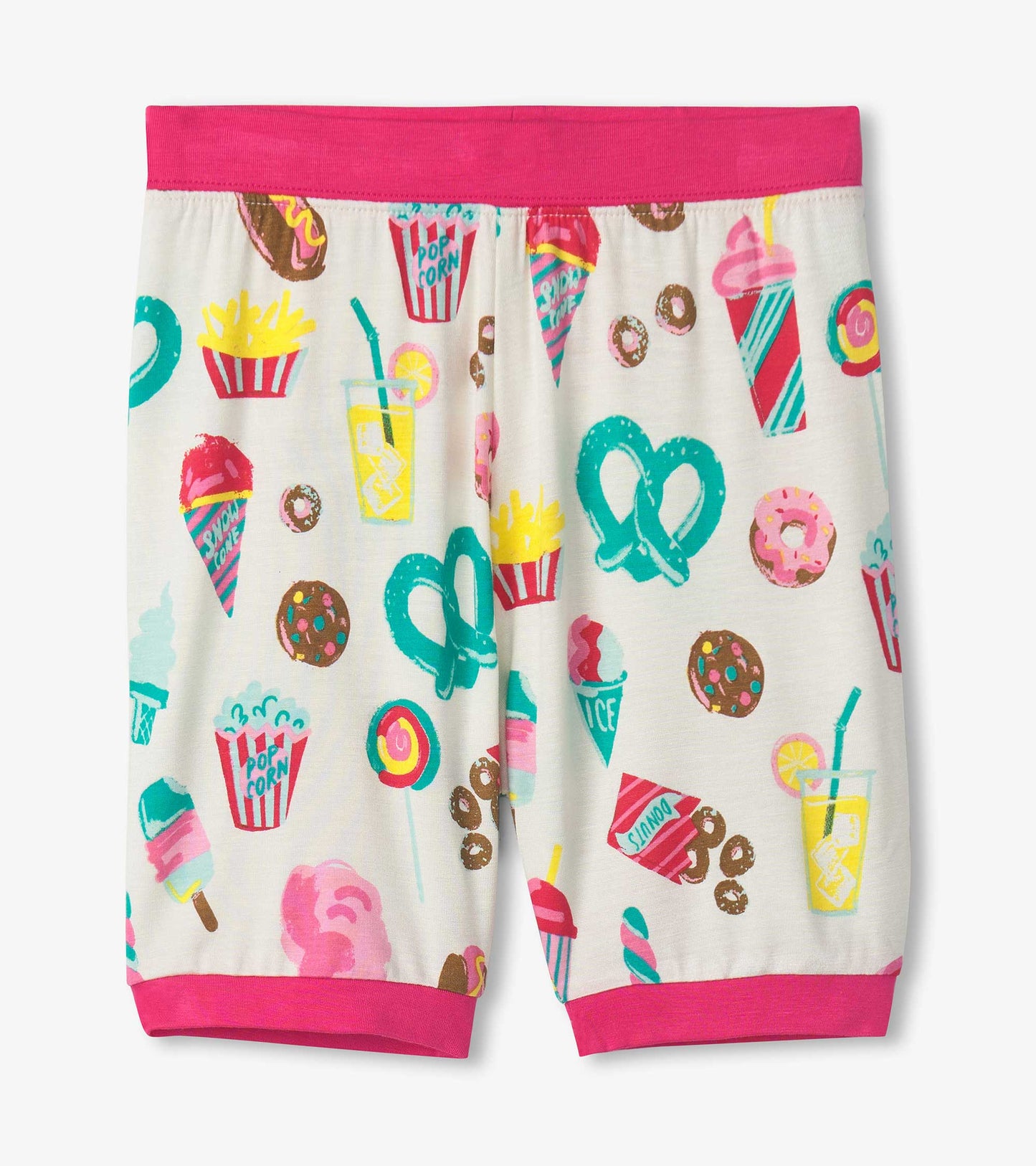 Short pajama set featuring a colorful carnival treats pattern on a light background with a pink waistband and trim.